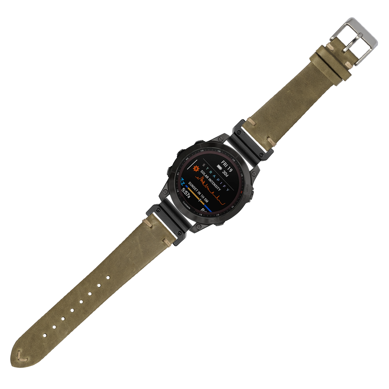 Black digital smartwatch with olive green leather strap and silver buckle, displaying fitness metrics on AMOLED screen