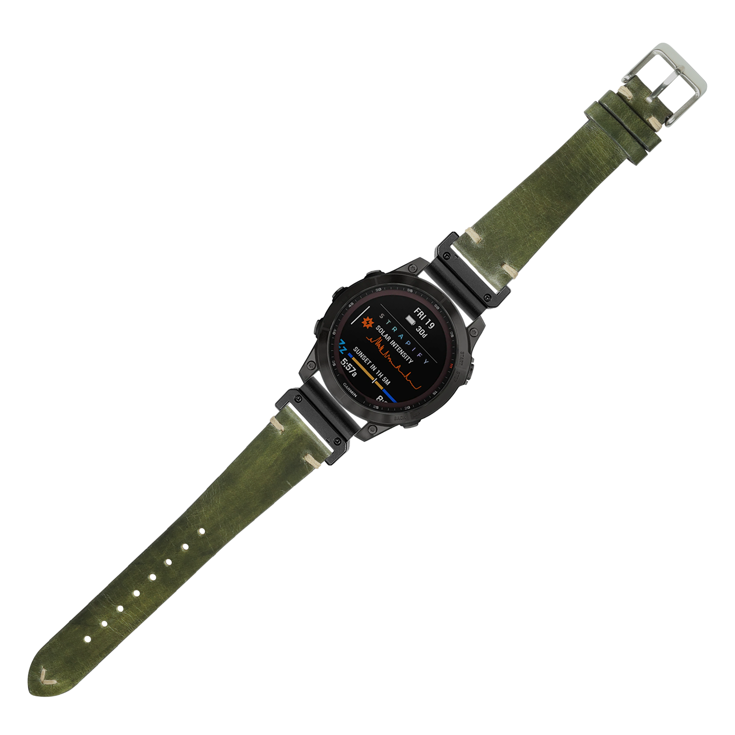 Rugged tactical smartwatch with black case, AMOLED display, and vintage smoked green leather band with quick-release connector