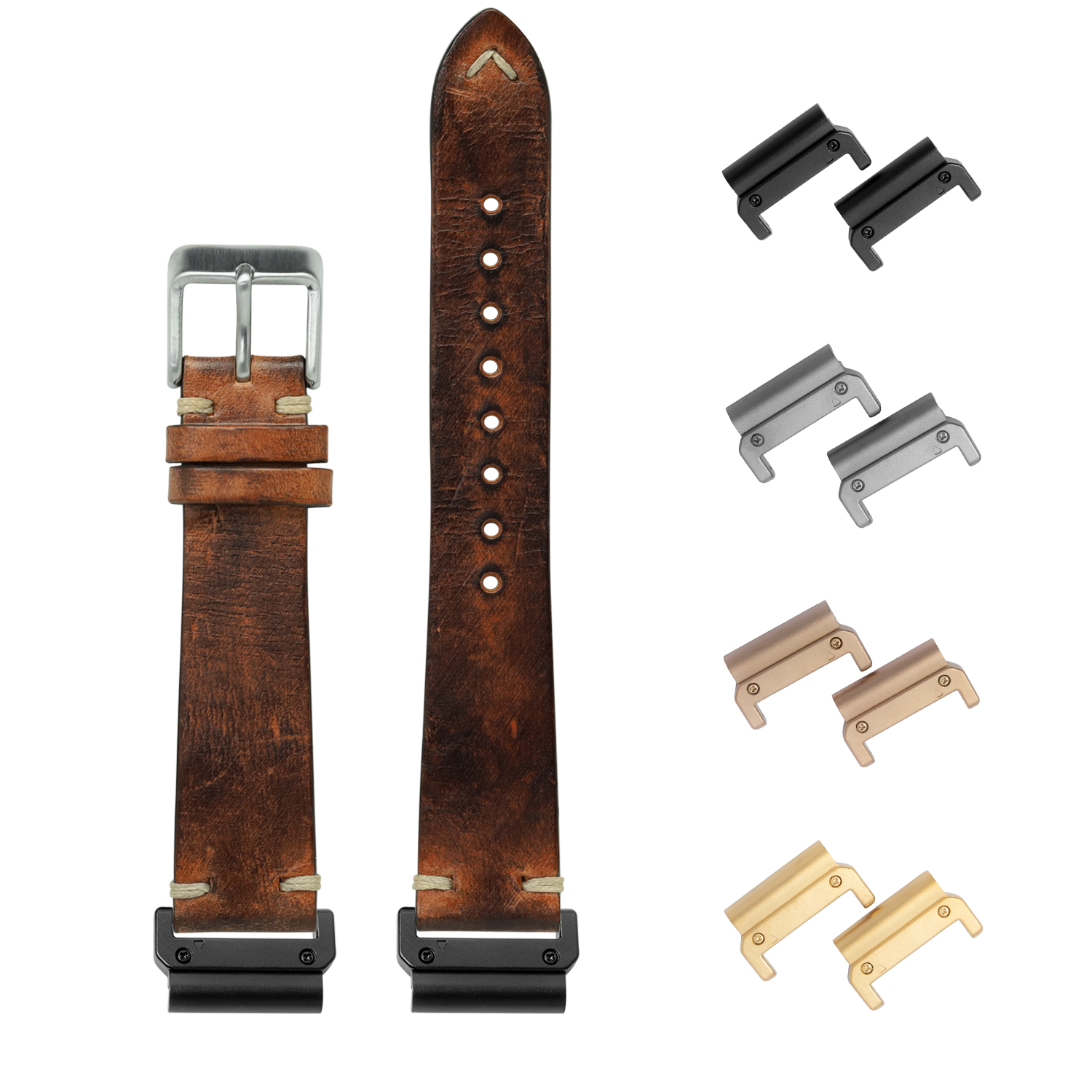 QuickFit vintage knotted leather watch band in smoked brown 22mm with interchangeable metal lugs in black, silver, bronze and gold finishes