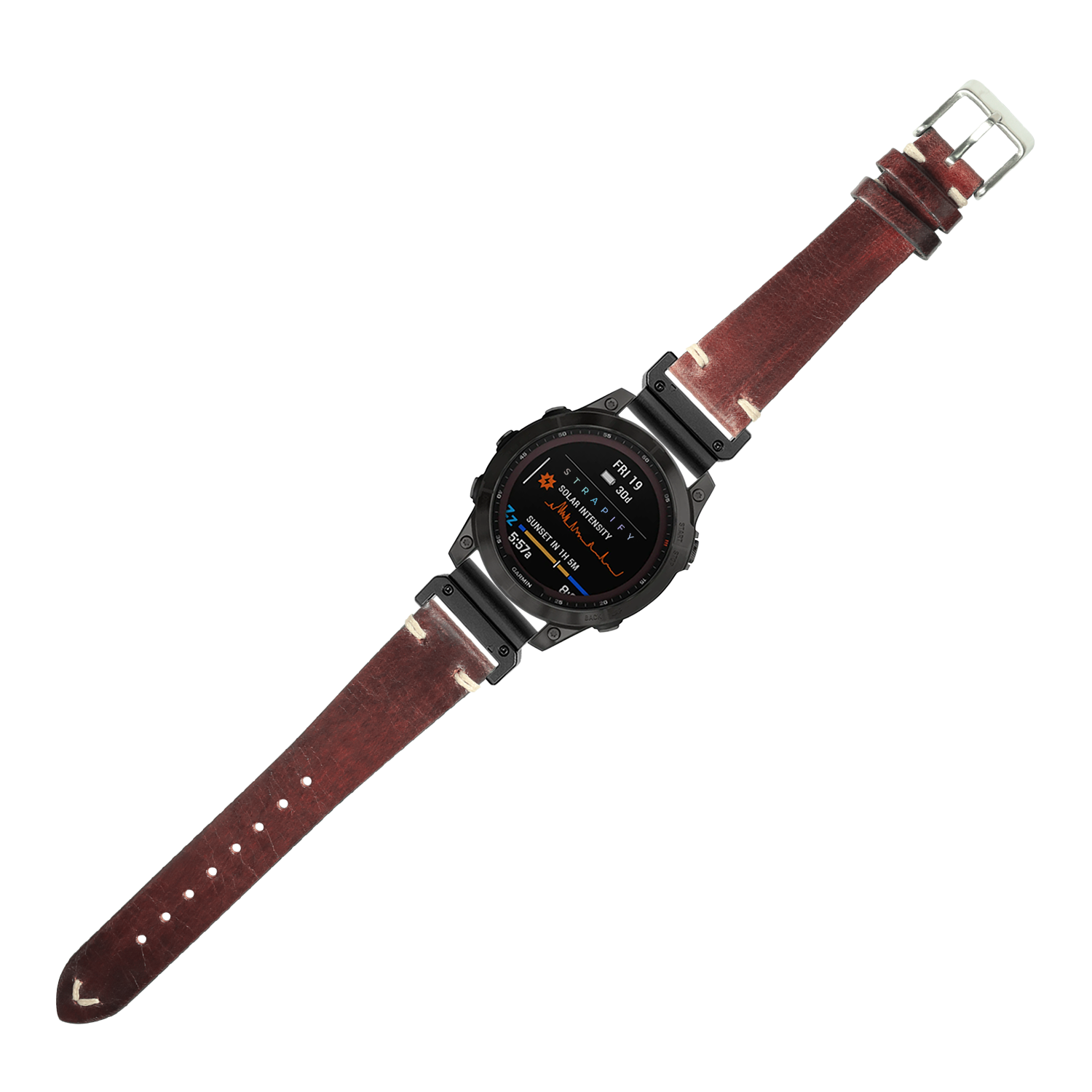 Smartwatch with black square case and vintage knotted dark brown leather strap, displaying digital interface with orange and blue accents