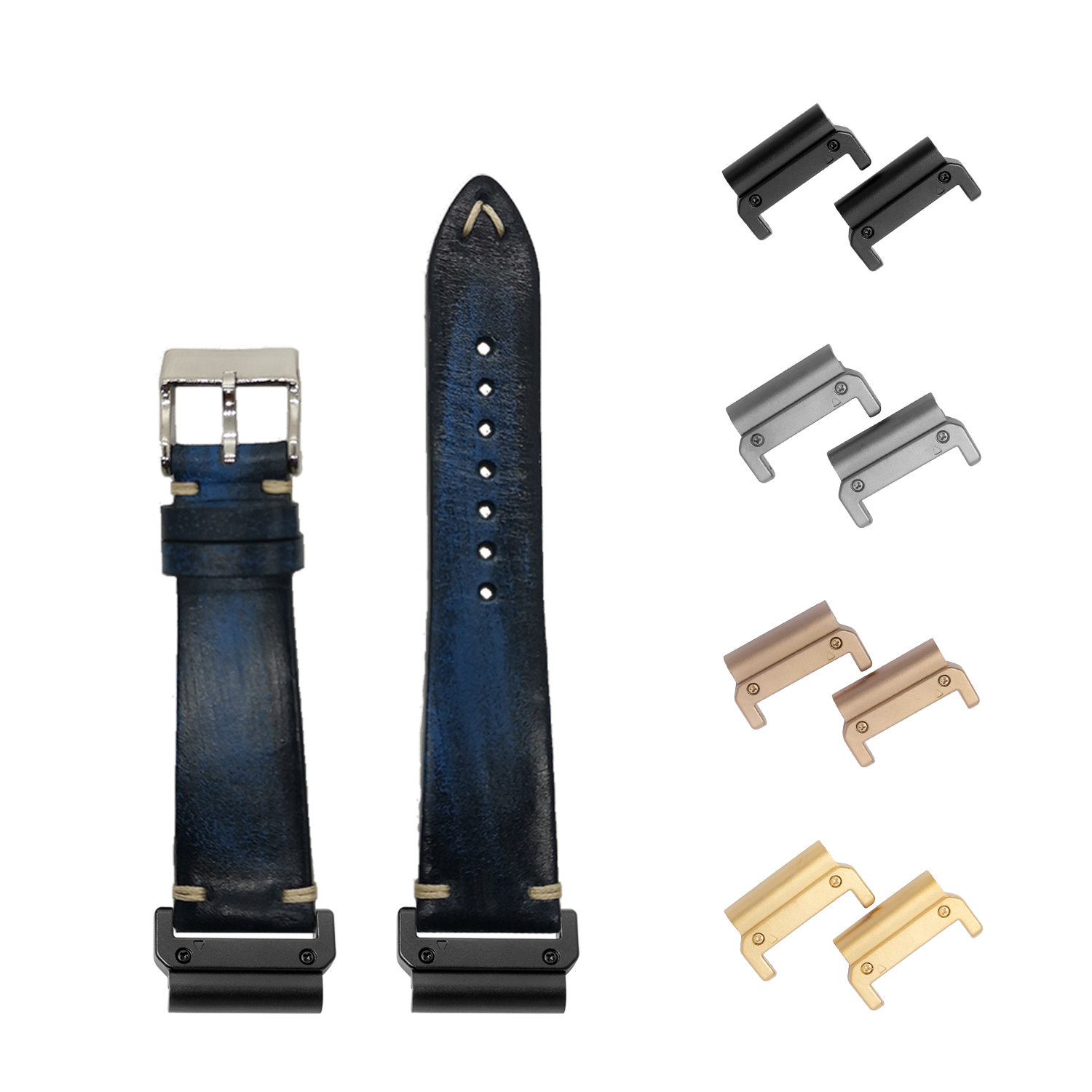 QuickFit vintage knotted leather watch strap in smoked navy blue 22mm with interchangeable metal lugs in black, silver, bronze and gold finishes