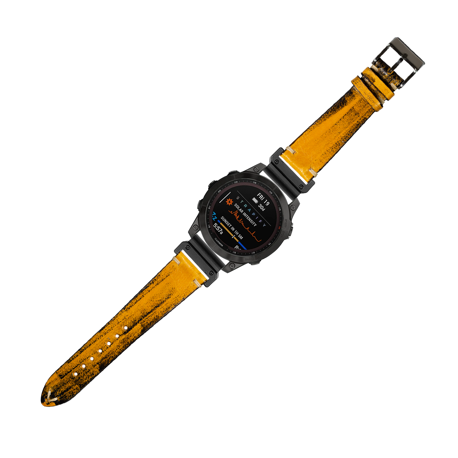 Tactical smartwatch with black case and vintage smoked yellow leather strap, digital display showing fitness metrics and time