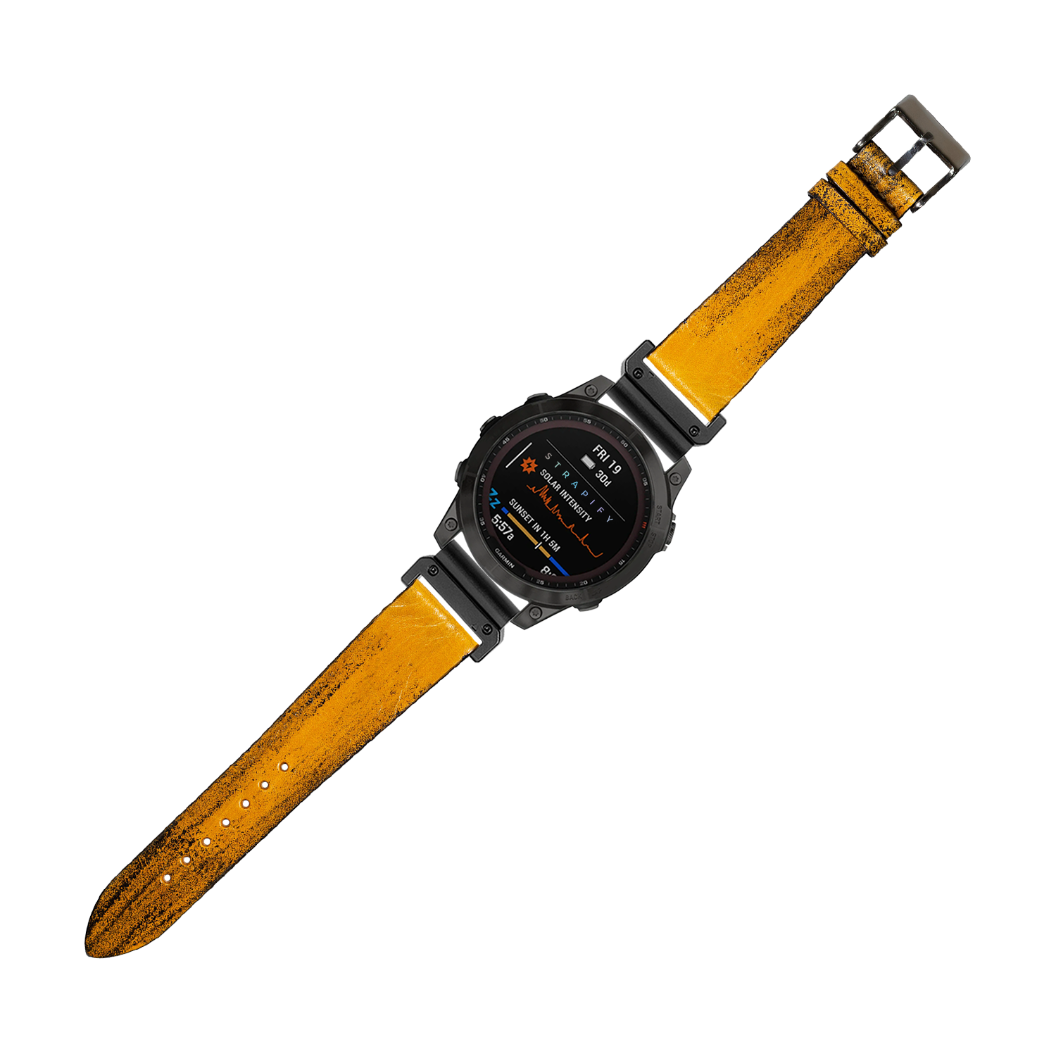 Rugged smartwatch with black case and distressed vintage smoked yellow leather strap, digital display visible