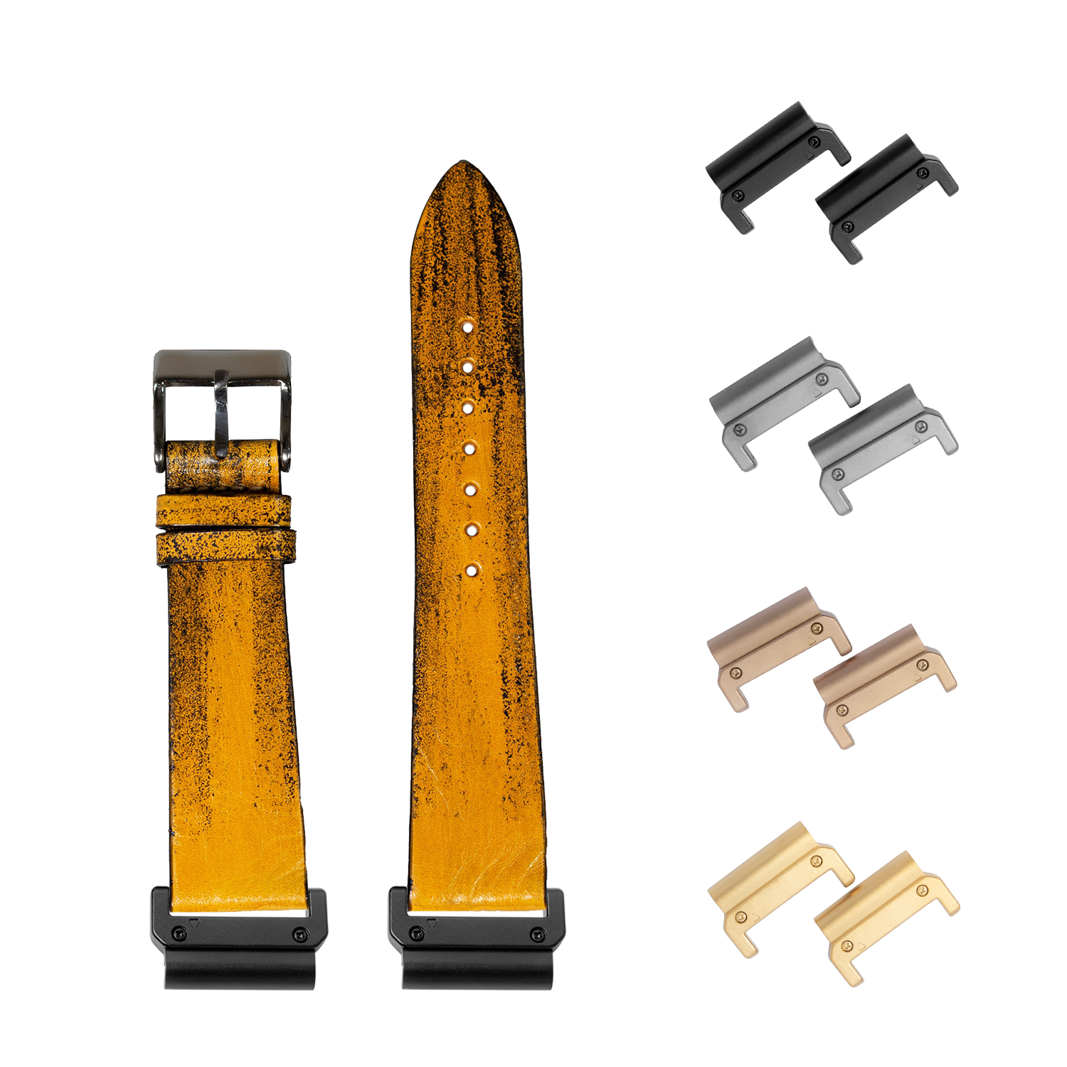 QuickFit Vintage Leather Smoked Yellow 22mm watch strap with interchangeable hardware in black, silver, bronze and gold finishes