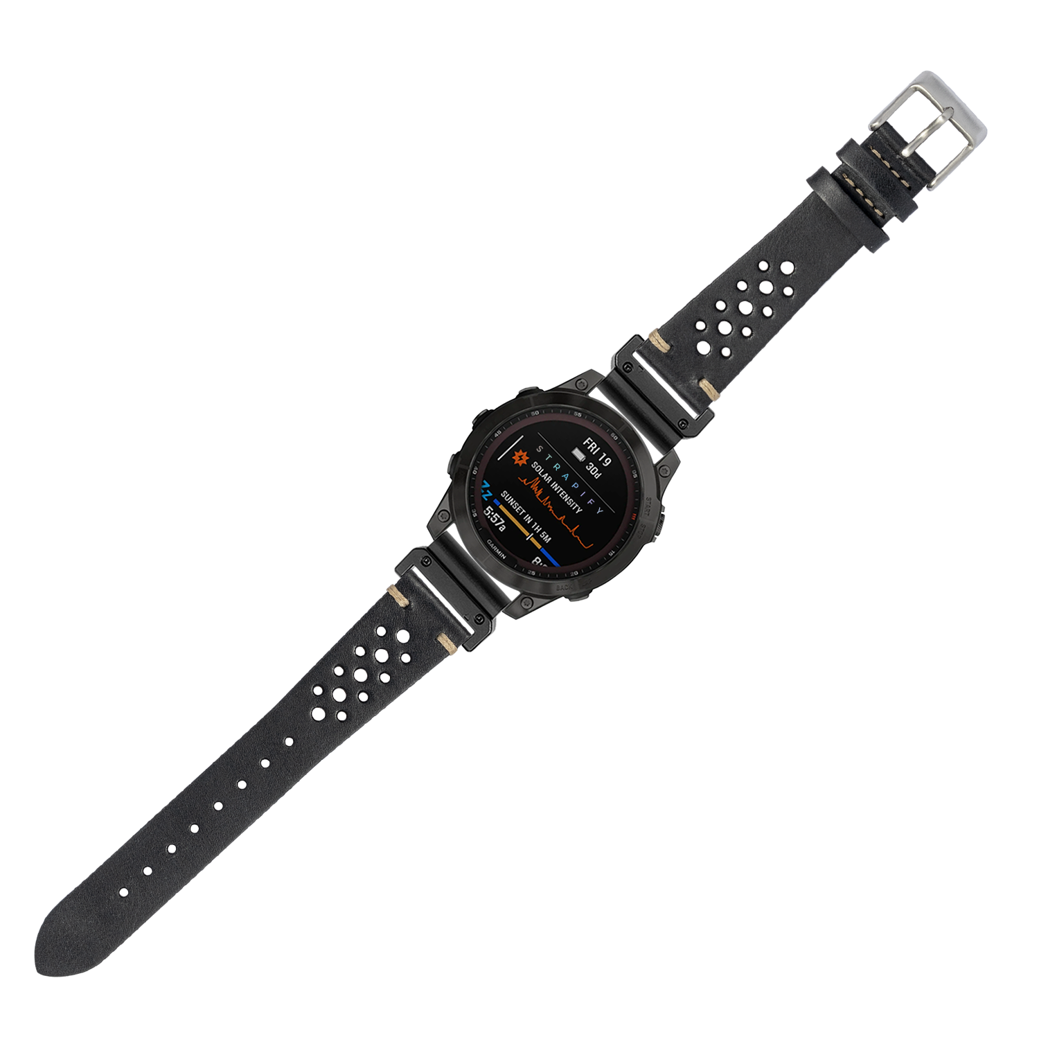 Black vintage rally leather smartwatch band 22mm with perforated design and metal buckle