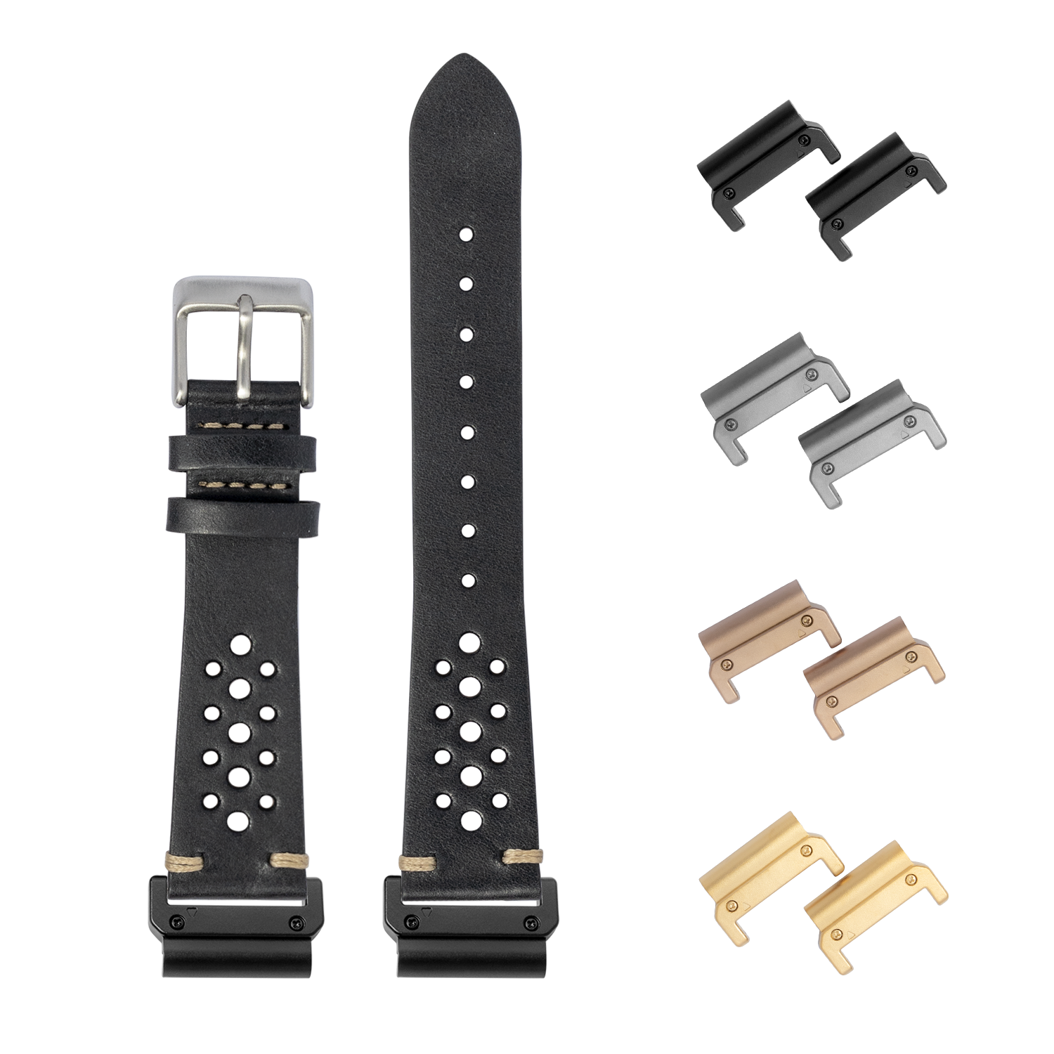 Vintage Rally black leather watch strap 22mm with quick-fit adapters in multiple finishes