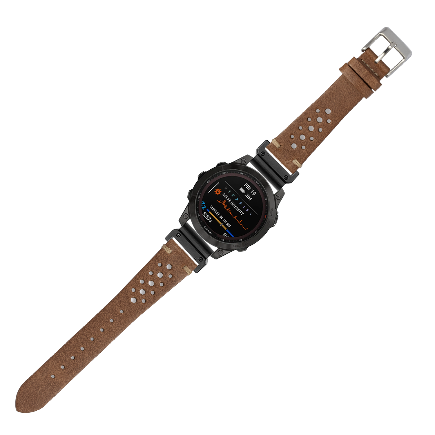 Rugged digital smartwatch with black case and brown vintage rally leather strap featuring perforated design and silver buckle