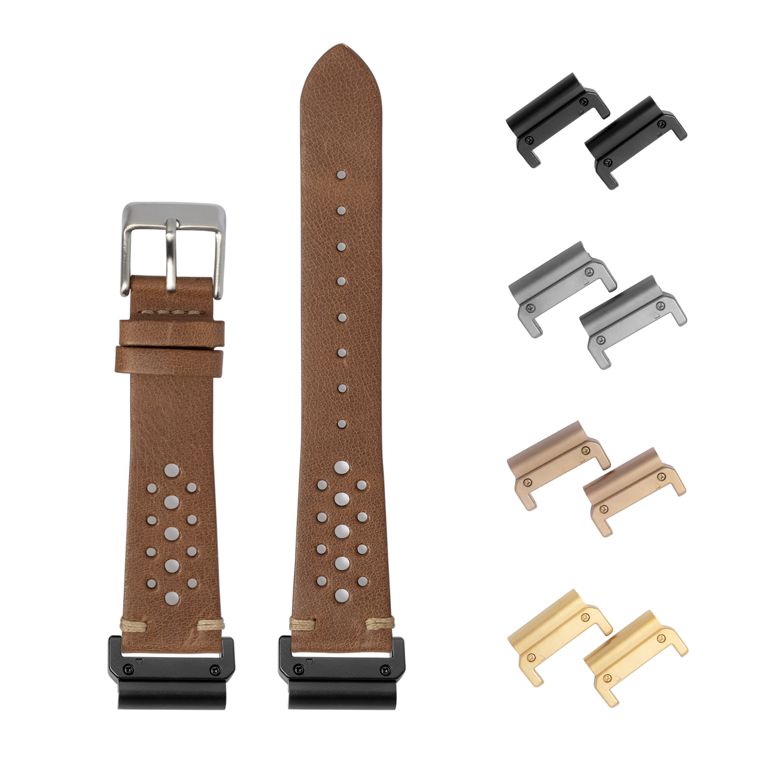 Brown leather QuickFit watch band 22mm with stainless steel buckle and interchangeable metal connectors in multiple finishes