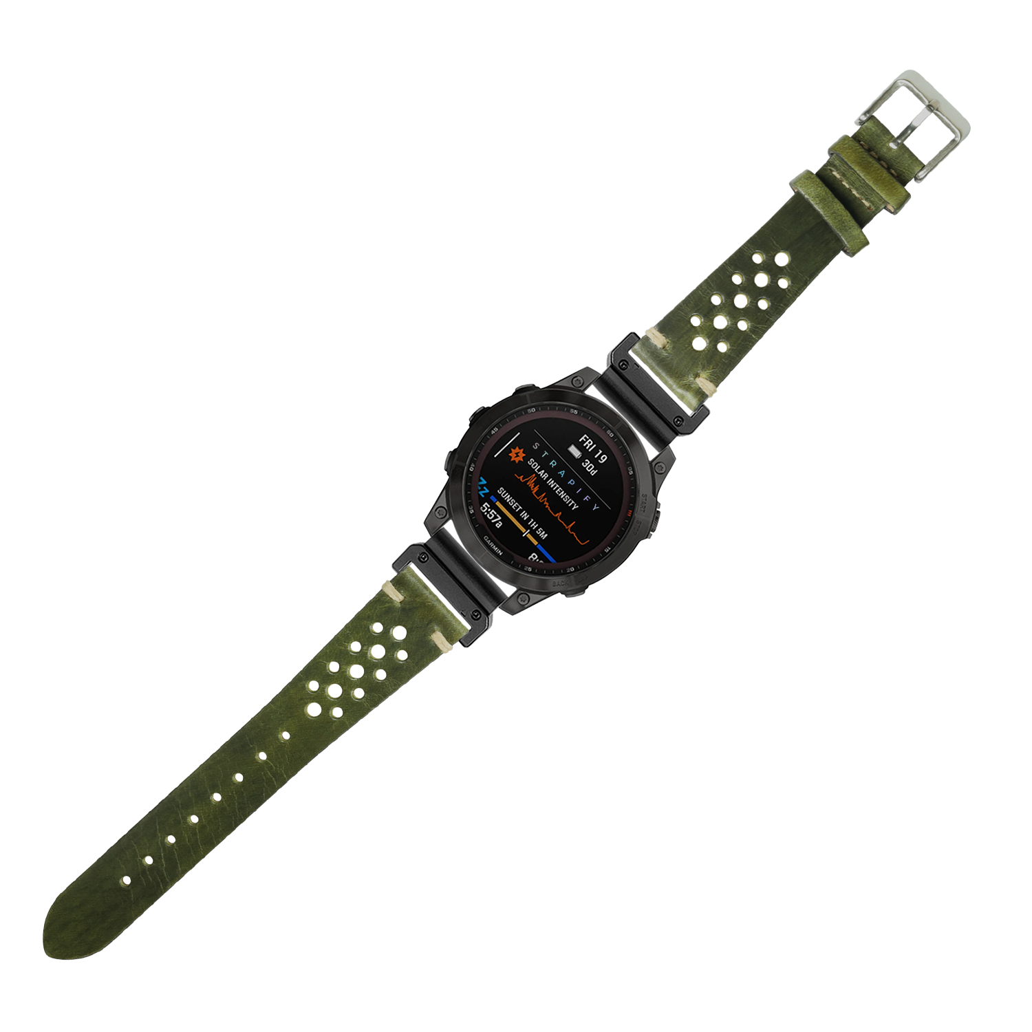 Tactical digital smartwatch with black case and AMOLED display on burnished Amazon green leather rally strap with perforated design and metal buckle
