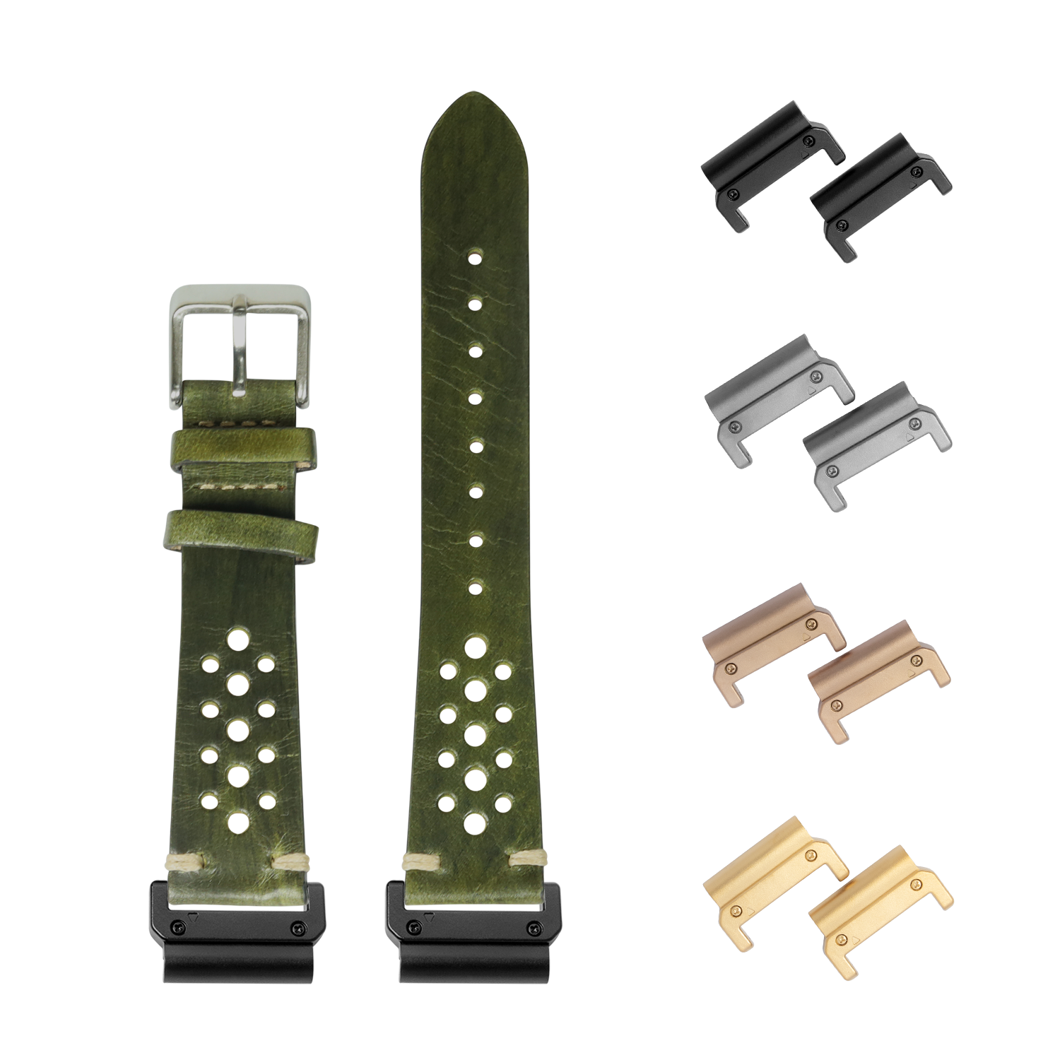 QuickFit Vintage Rally leather watch strap 22mm burnished Amazon green with interchangeable lugs in multiple finishes