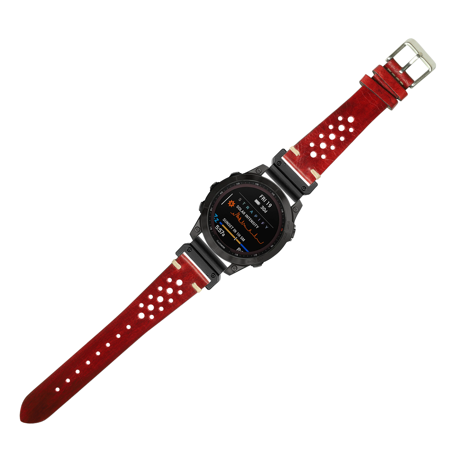 Smartwatch with black case and digital display featuring burnished red leather band with white perforations and silver buckle