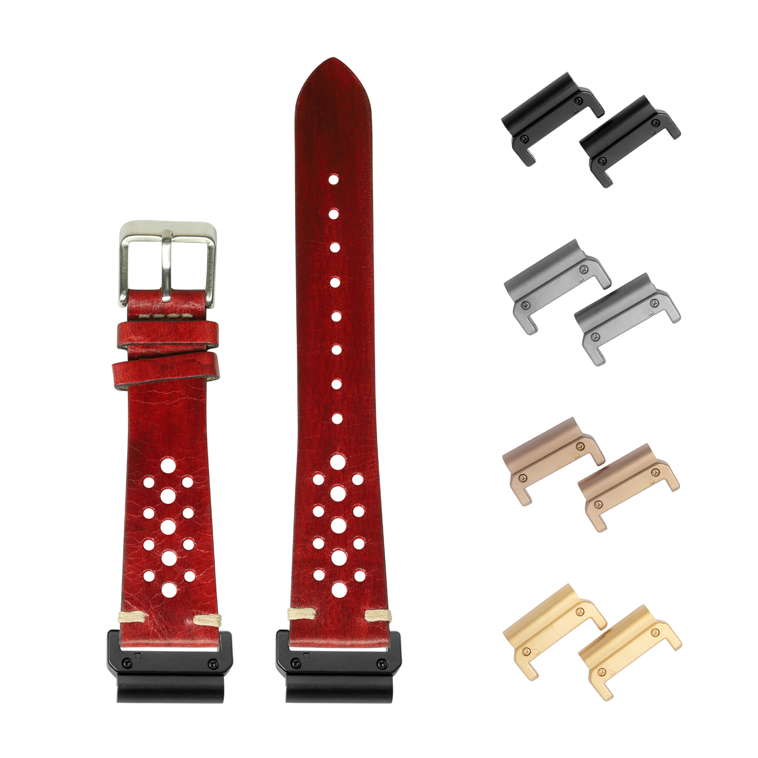 Red leather quick-fit watch band with perforated design and interchangeable metal lugs in black, silver, bronze and gold finishes