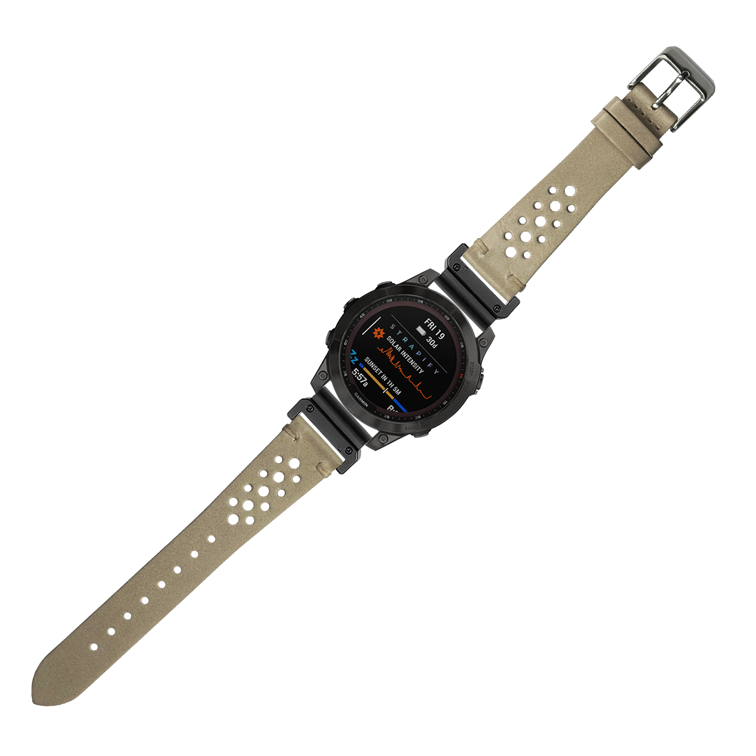 Rugged tactical smartwatch with black case and cream vintage rally leather strap with perforated design and metal buckle