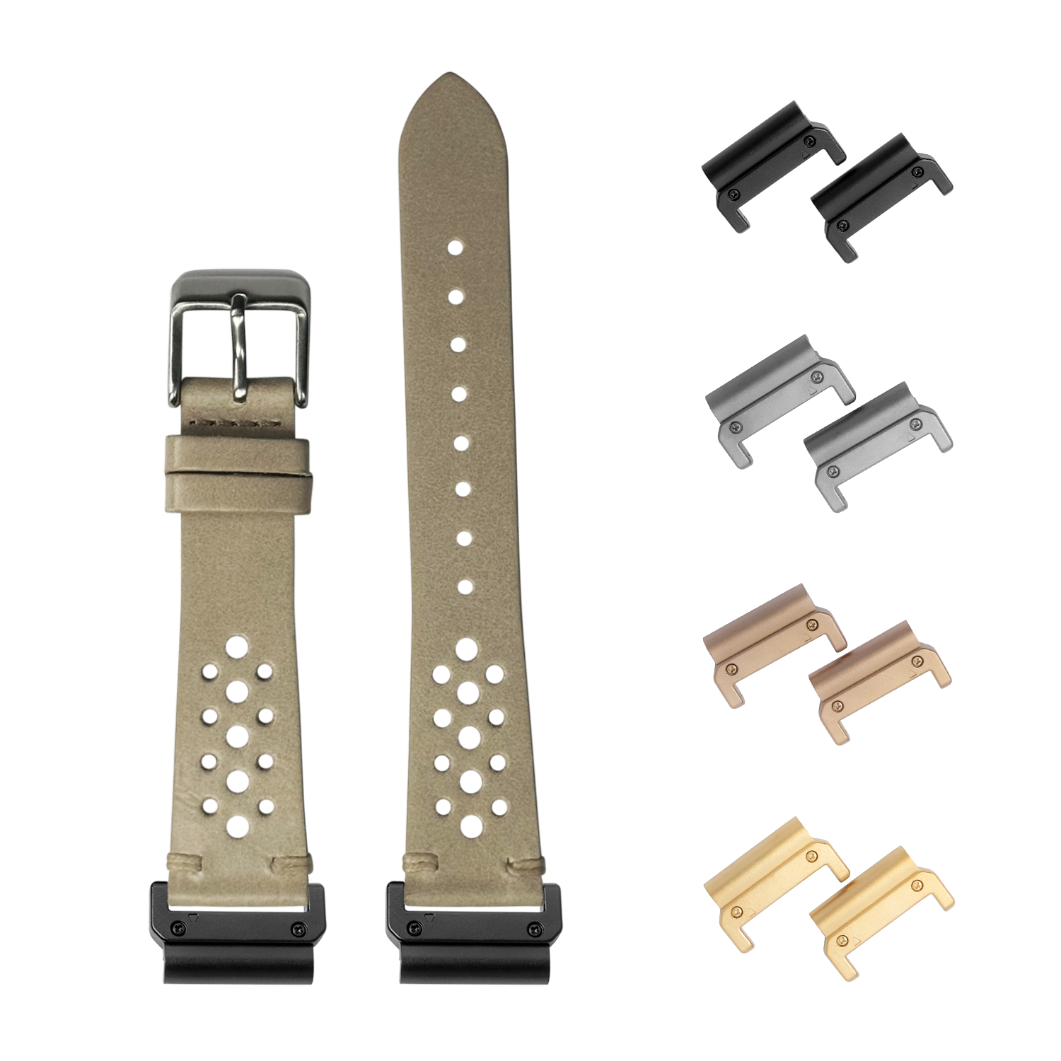 QuickFit Vintage Rally cream leather watch band 22mm with interchangeable metal connectors in black, silver, bronze and gold finishes