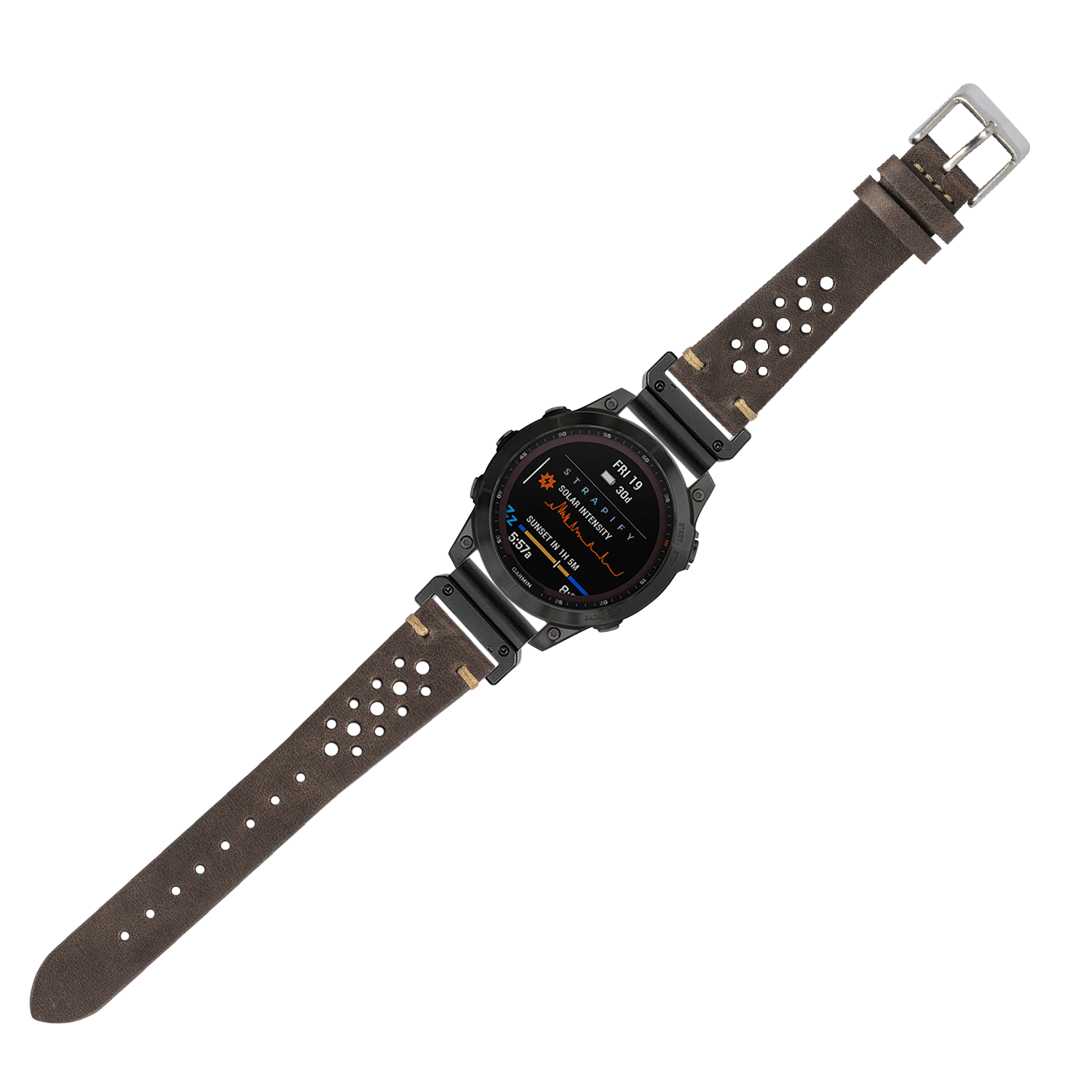 Black digital sports watch with dark brown perforated leather strap and metal buckle, displaying fitness metrics on AMOLED screen