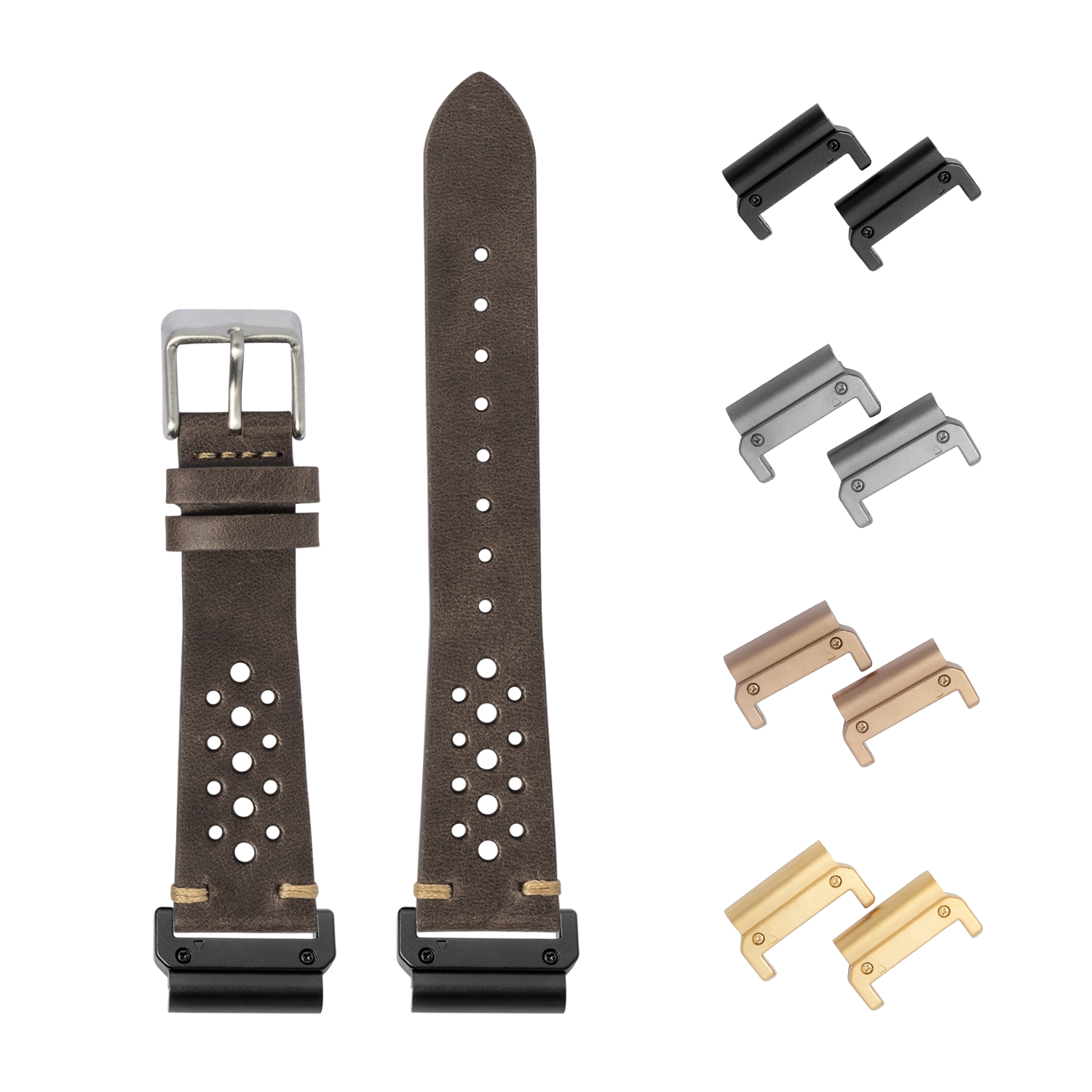 QuickFit Vintage Rally Dark Brown Leather Watch Band 22mm with interchangeable metal lugs in black, silver, bronze and gold