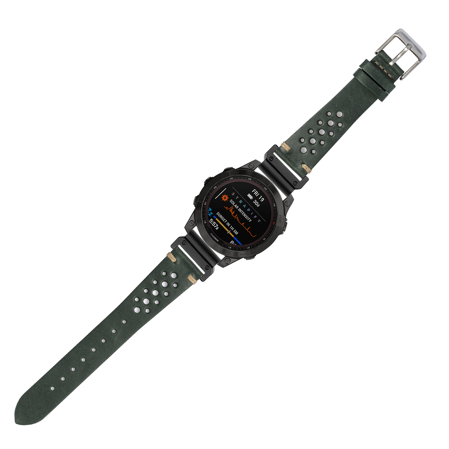 Vintage Rally Forest Green leather smartwatch band 22mm with silver buckle and perforated design