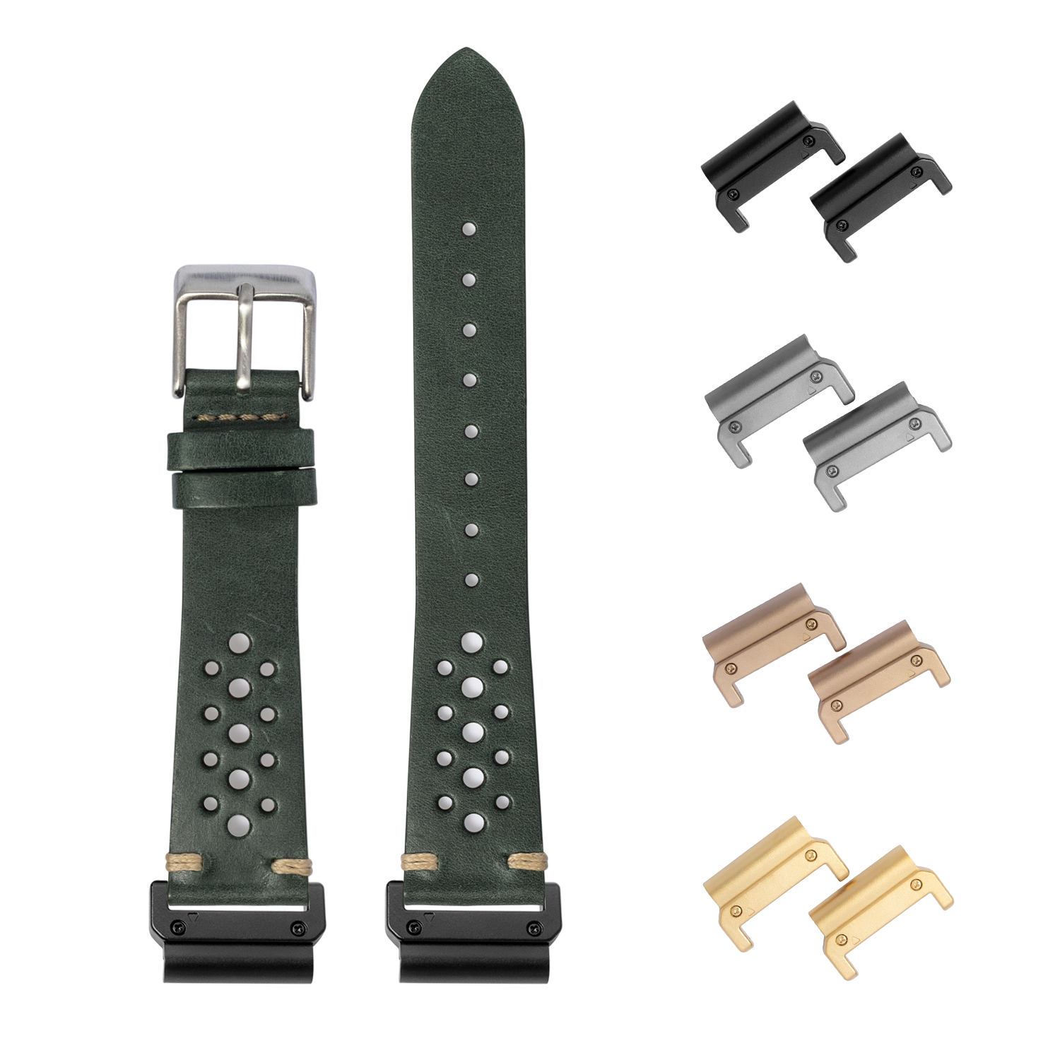 QuickFit vintage rally forest green leather watch band 22mm with interchangeable metal lugs in black, silver, bronze and gold finishes