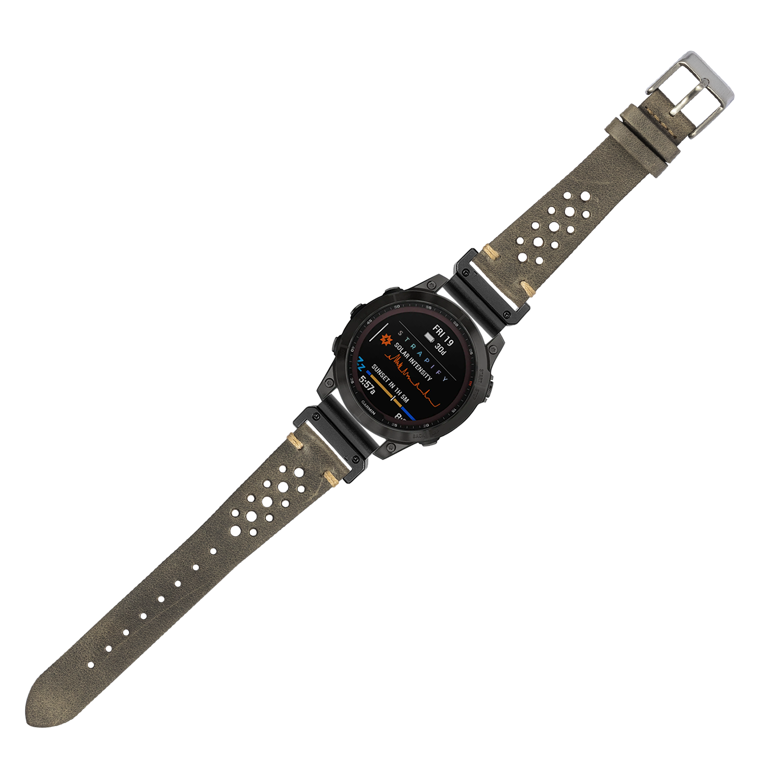 Vintage Rally grey leather 22mm watch strap with perforated design and stainless steel buckle on black digital sports watch