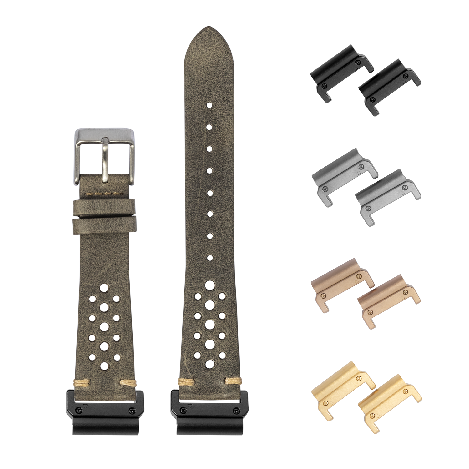 Vintage rally grey leather watch strap 22mm with quick release spring bars and interchangeable lugs in black, silver, bronze and gold finishes