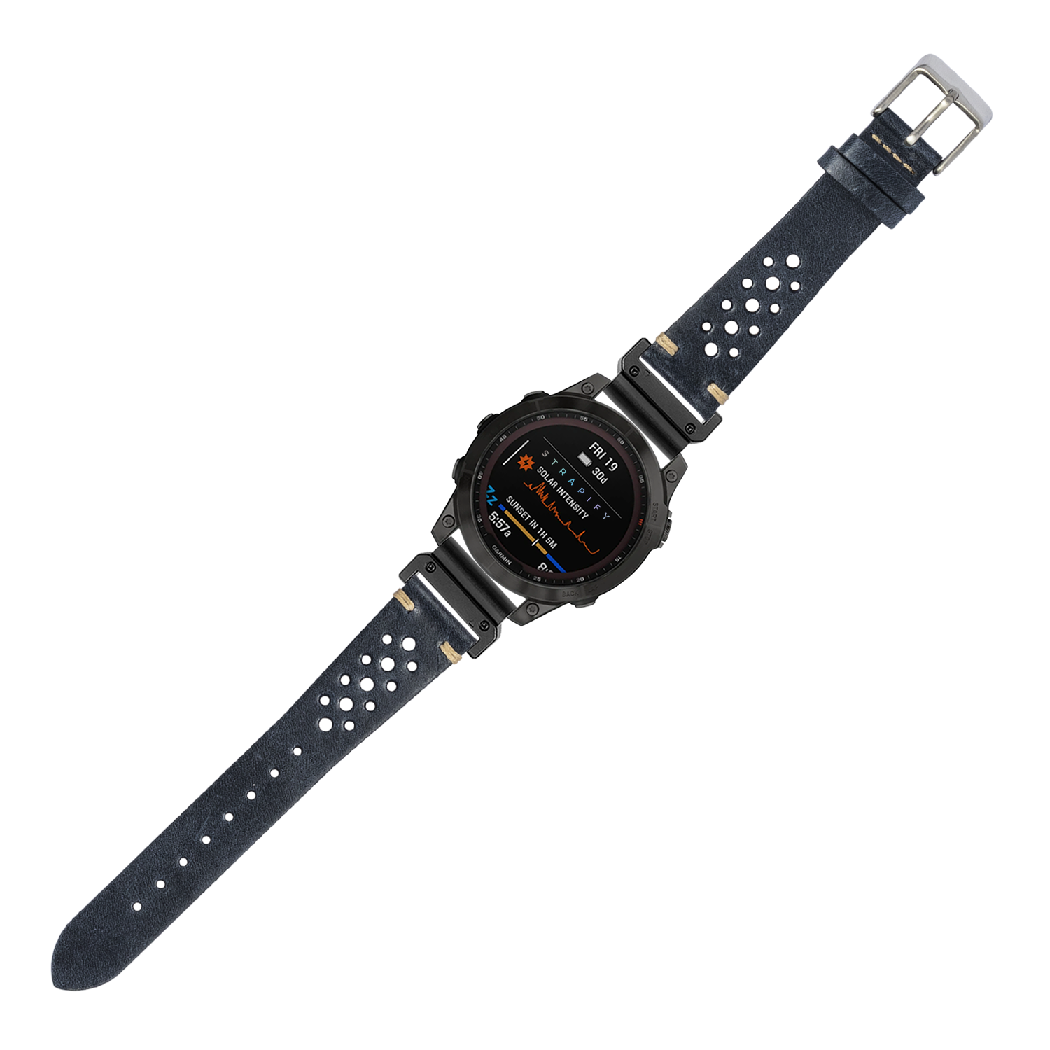 Black digital smartwatch with navy blue perforated leather strap, square face displaying fitness metrics, metal buckle closure