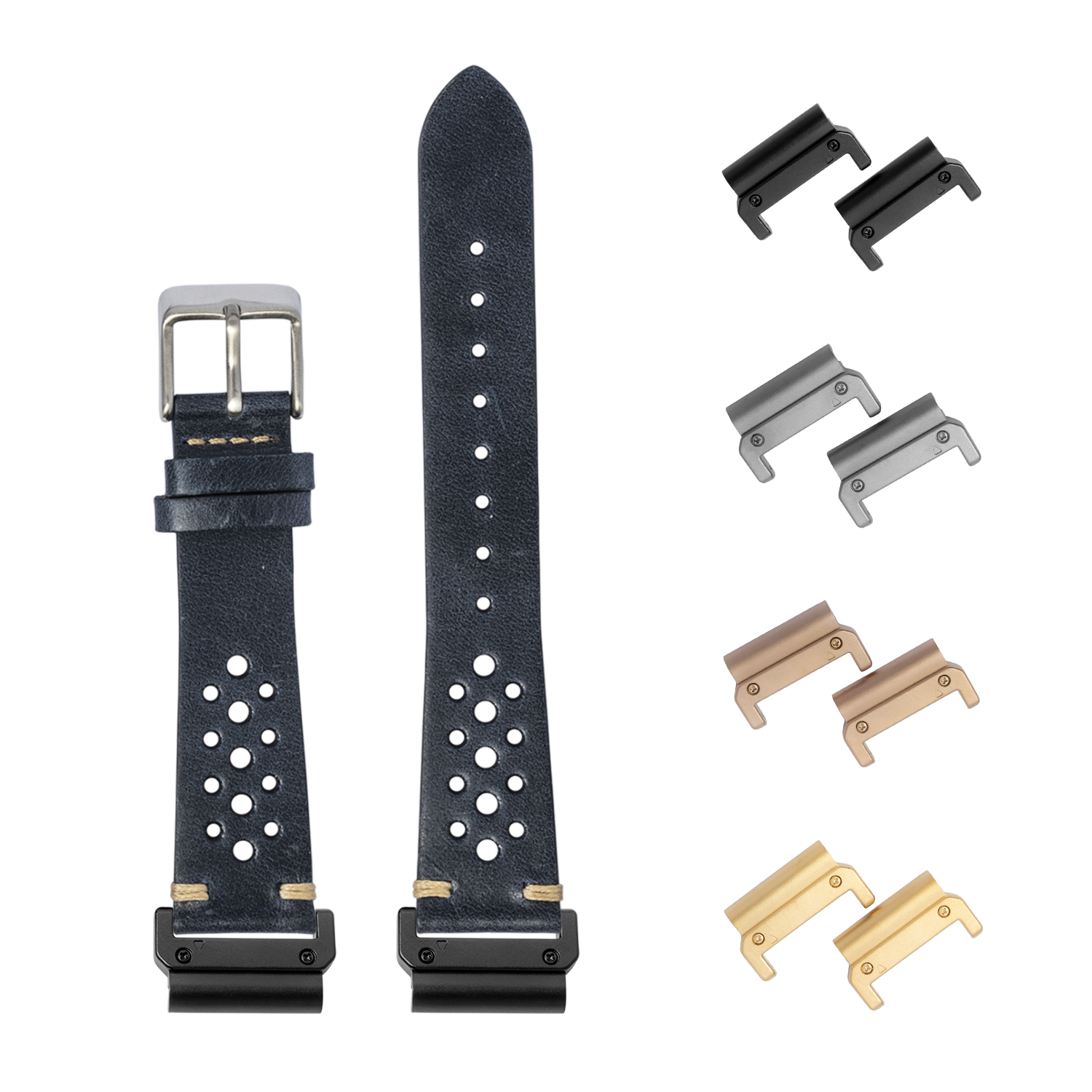 Navy blue perforated leather 22mm watch band with silver buckle and interchangeable metal lugs in black, gunmetal, rose gold and gold finishes