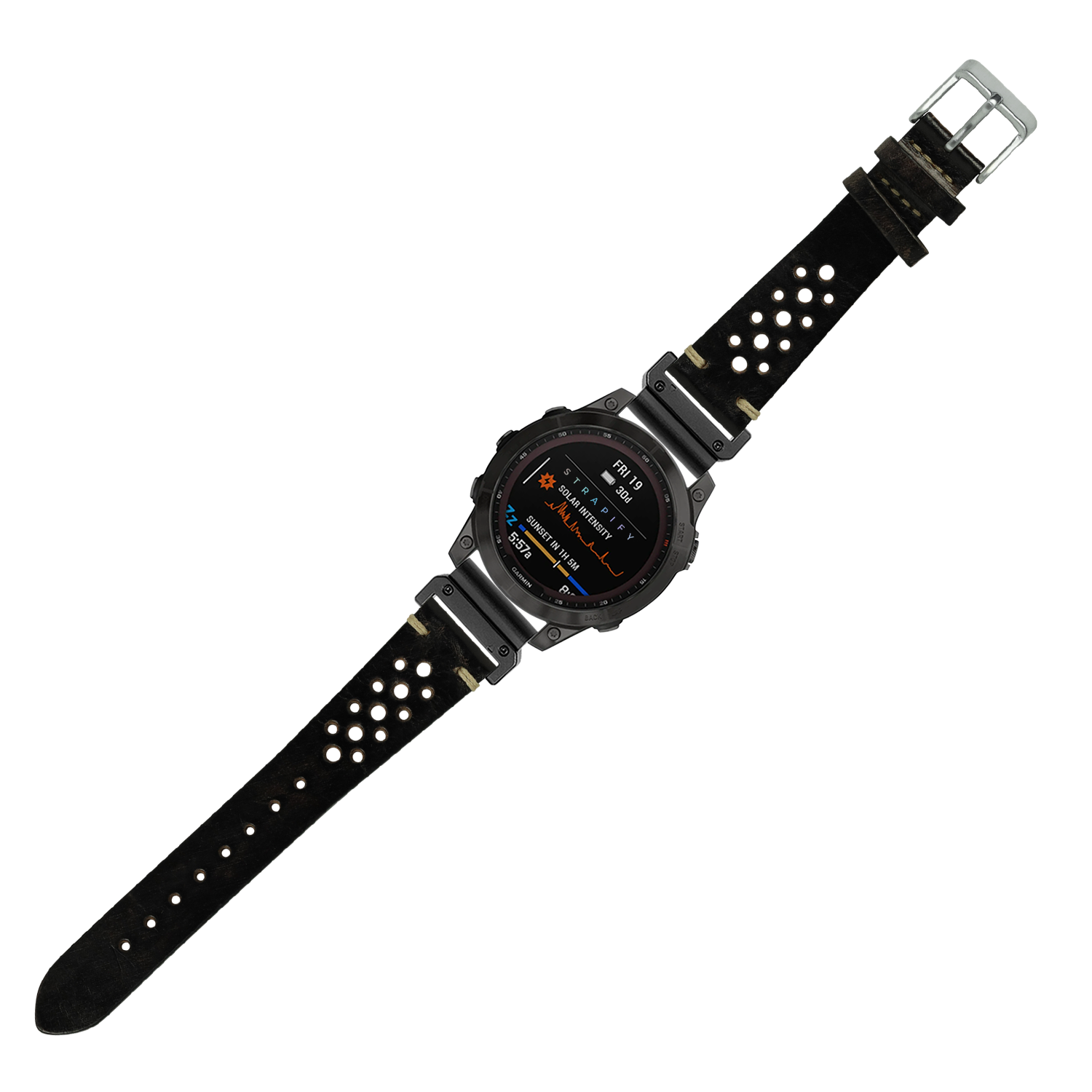 Vintage Rally Leather Smoked Black 22mm QuickFit watch strap with white perforations and silver buckle