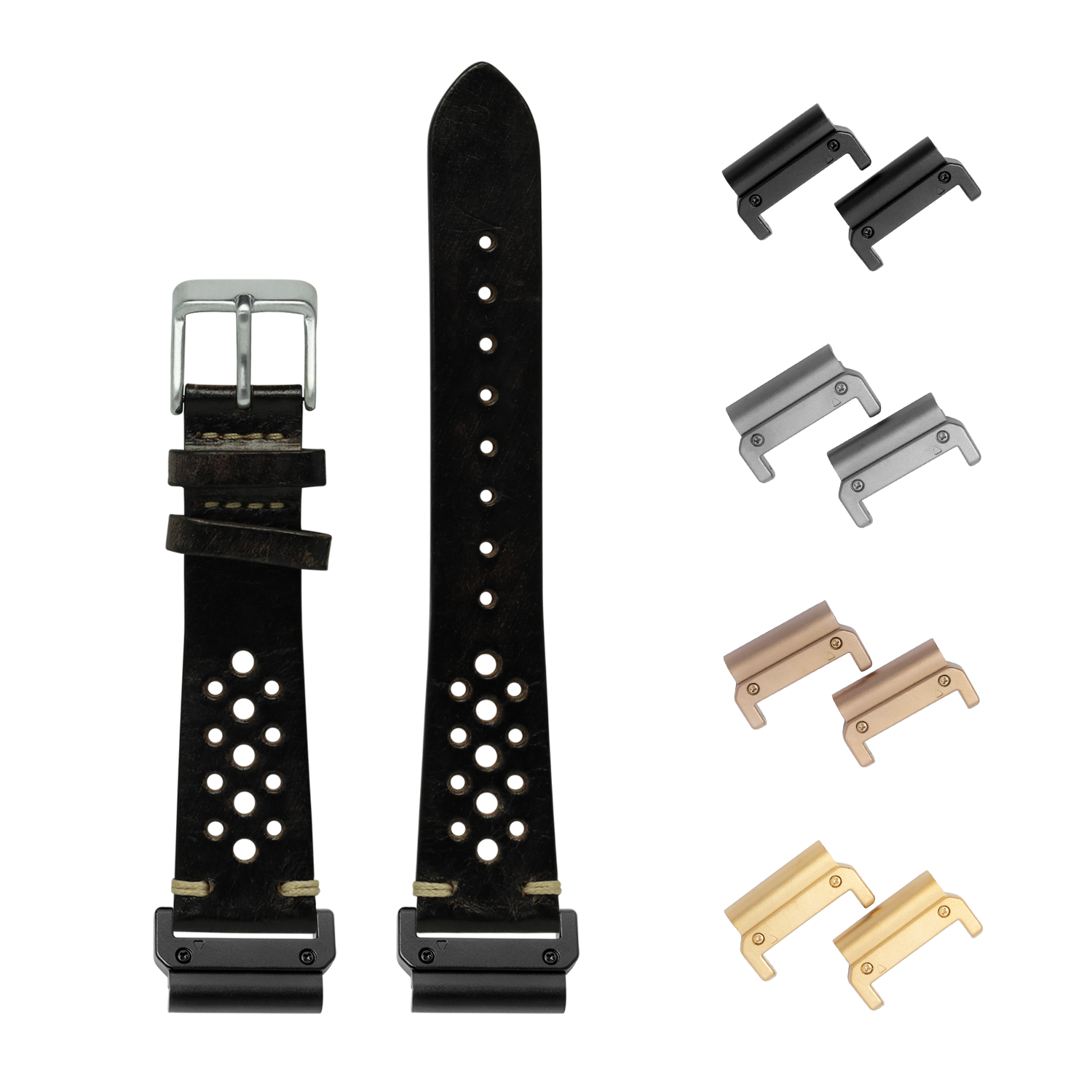 QuickFit vintage rally black leather watch band 22mm with interchangeable steel and bronze lugs