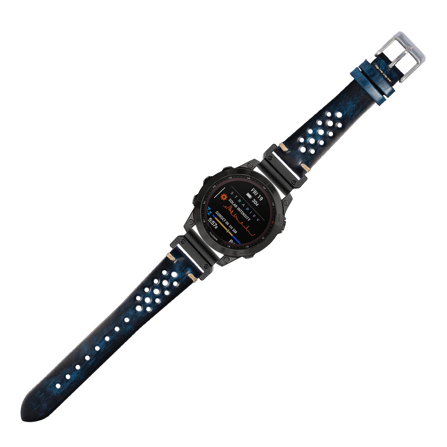 Vintage Rally Smoked Blue leather smartwatch band with metal studs, 22mm quick-fit strap with silver buckle