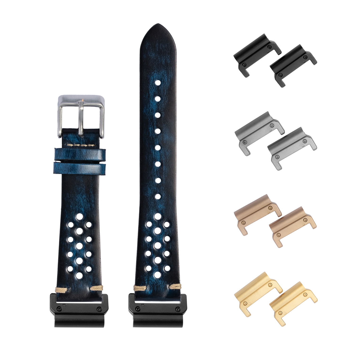 Smoked blue vintage rally leather watch band 22mm with quick-fit adapters in black, gold, and rose gold finishes