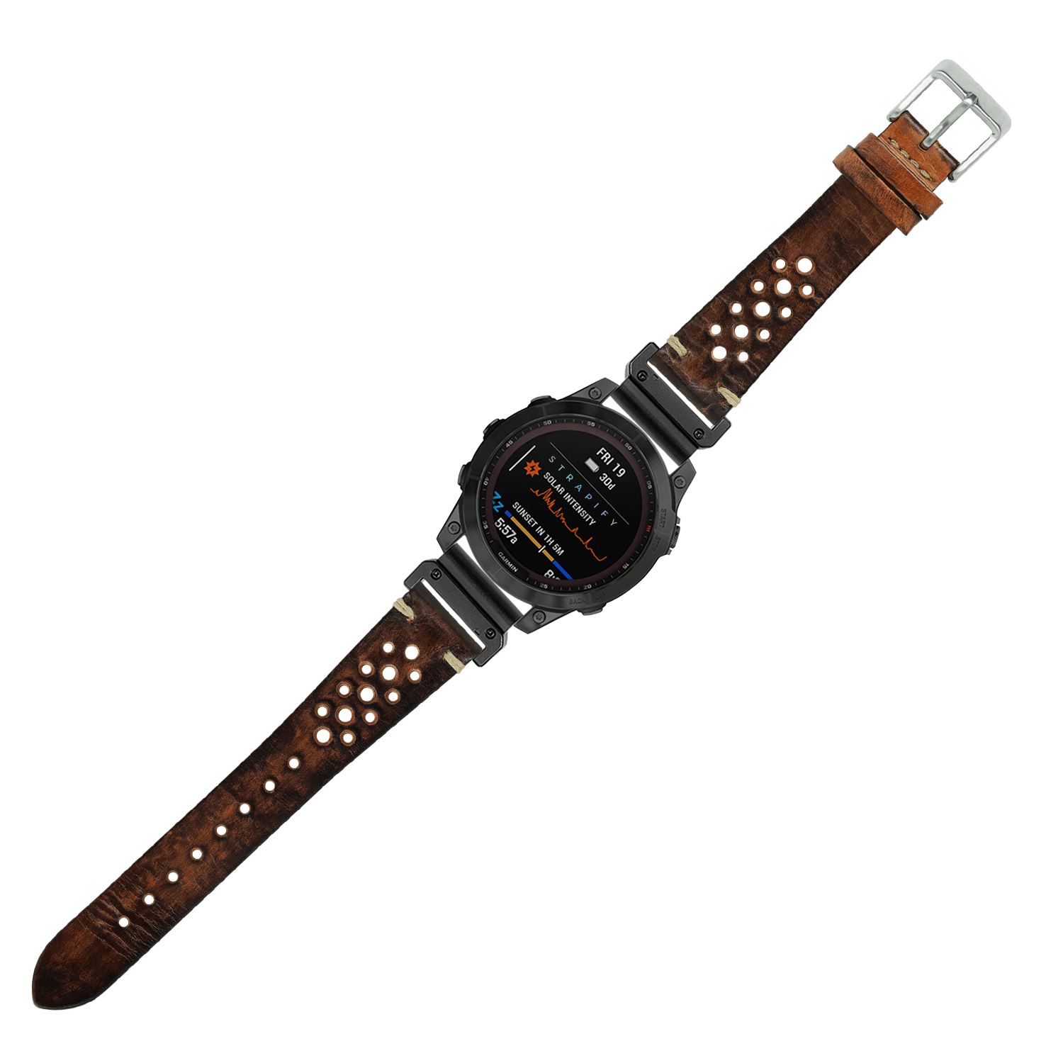 Tactical smartwatch with black case and vintage brown leather band featuring white studs, digital display showing fitness metrics