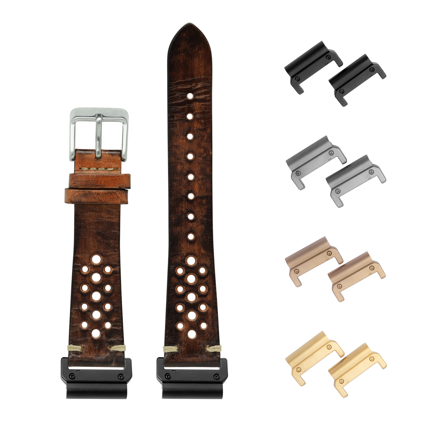 QuickFit vintage rally leather watch band 22mm smoked brown with interchangeable metal lugs in black, silver, bronze and gold