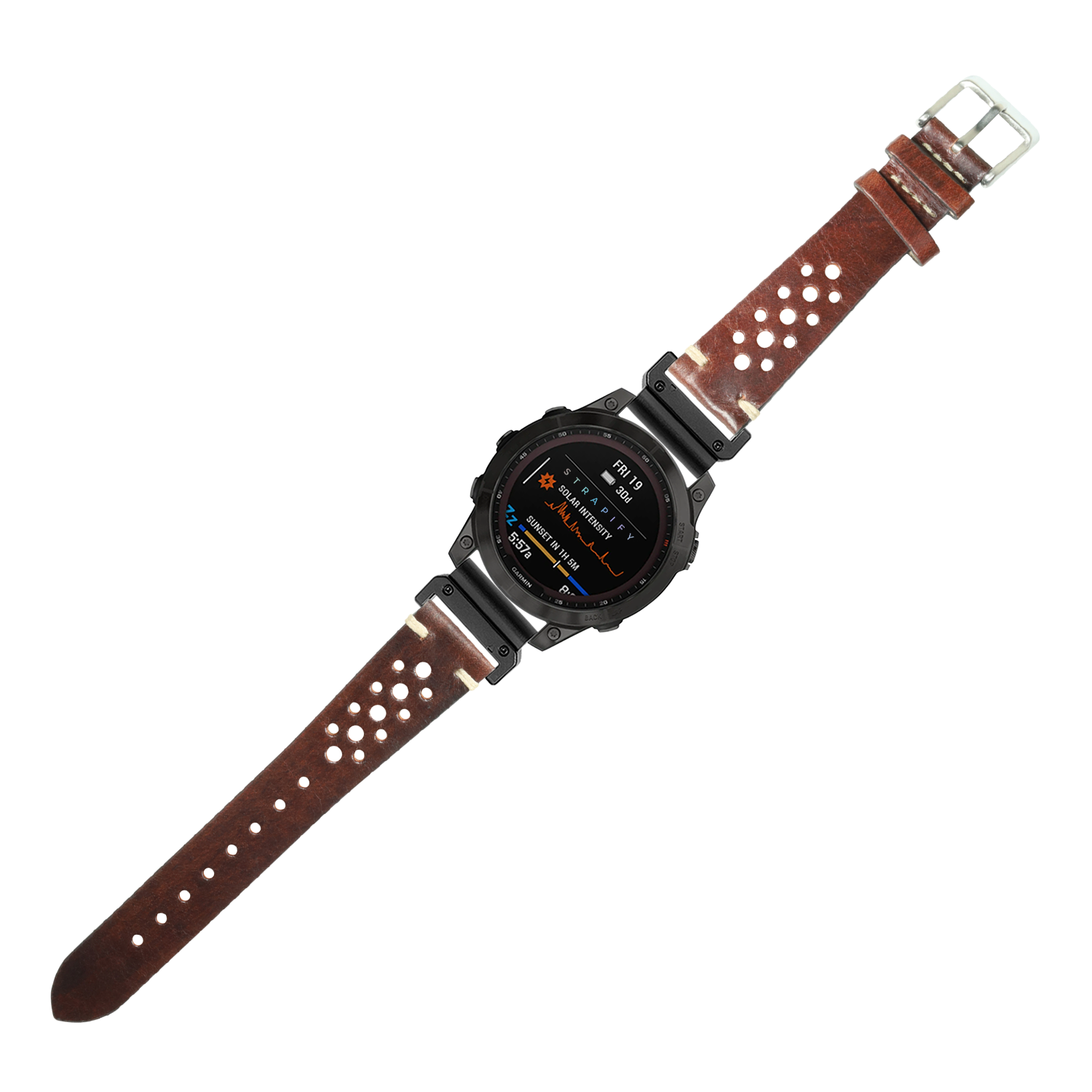 Black digital smartwatch with vintage brown leather rally strap featuring white perforations and metal buckle