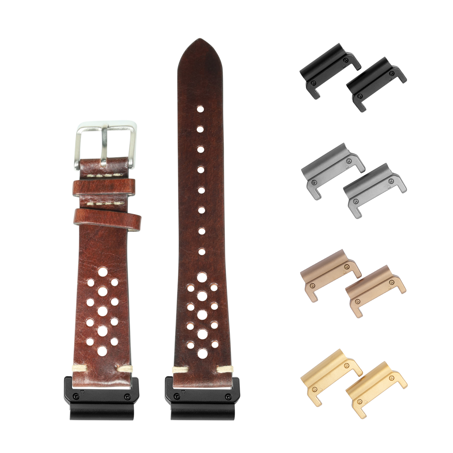 Vintage rally leather watch band with perforated design, smoked dark brown color, 22mm width, includes interchangeable quick-fit lugs in black, silver, bronze and gold