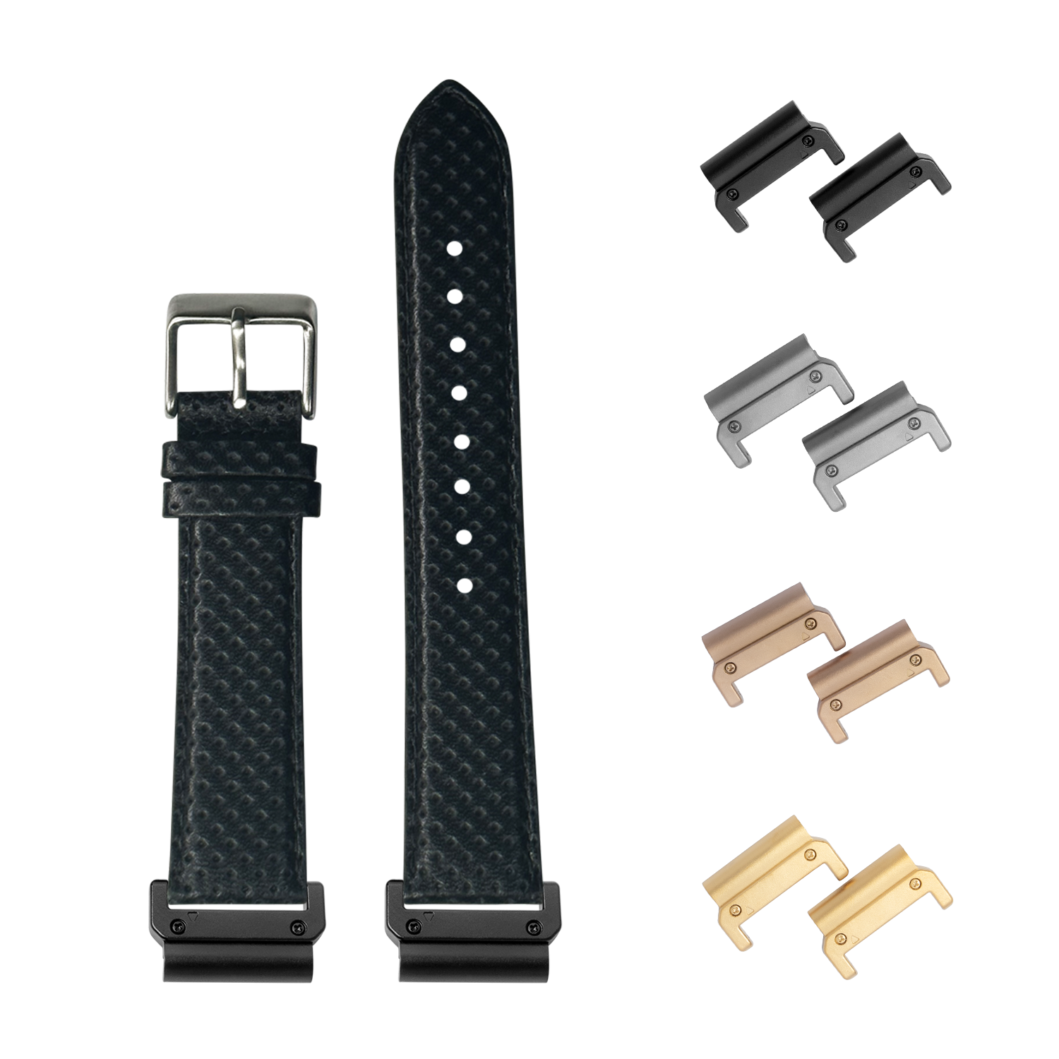 Quickfit perforated black leather racing watch strap 22mm with interchangeable metal lugs in multiple finishes