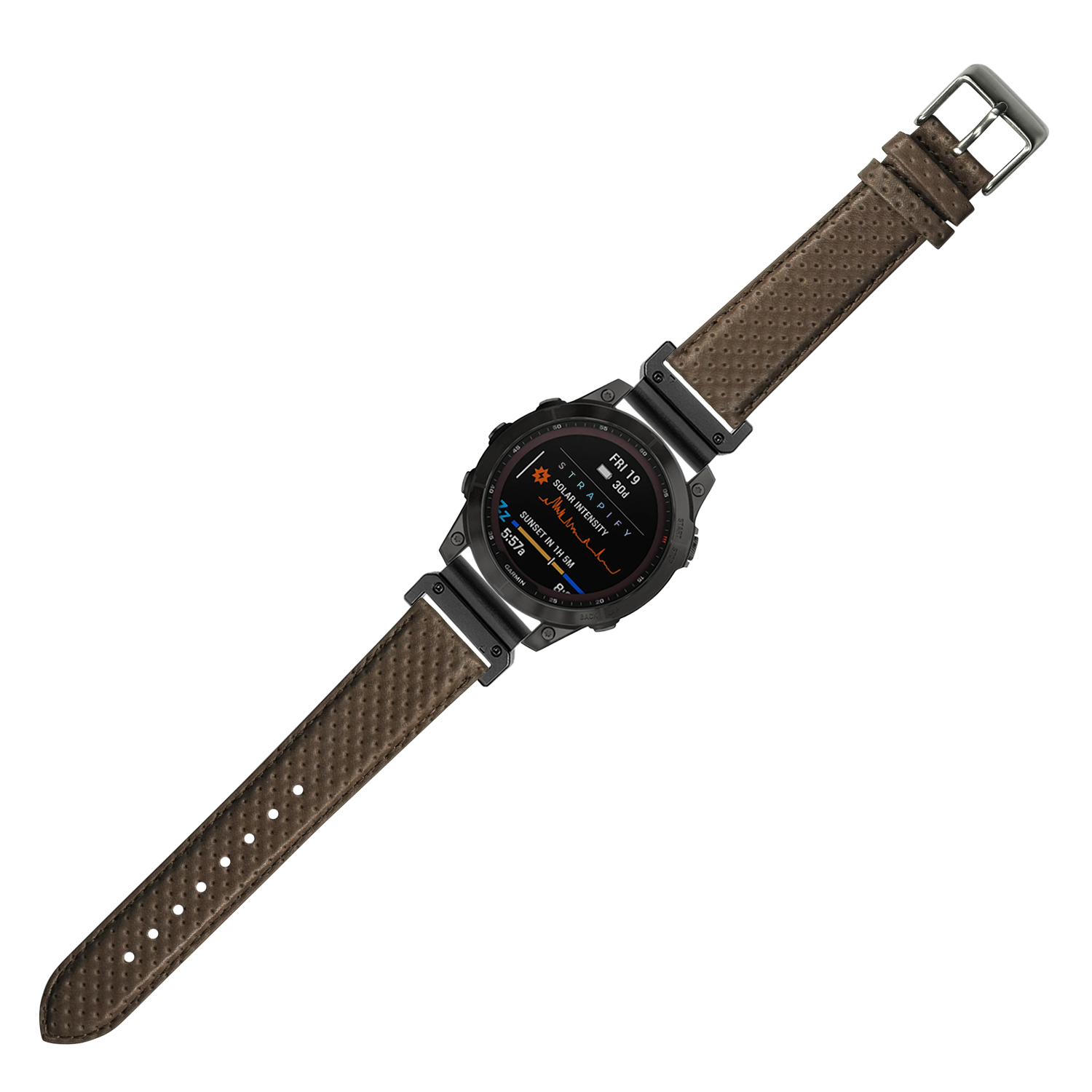 Tactical smartwatch with black case, perforated ivory brown leather strap, digital display showing metrics, and metal buckle closure