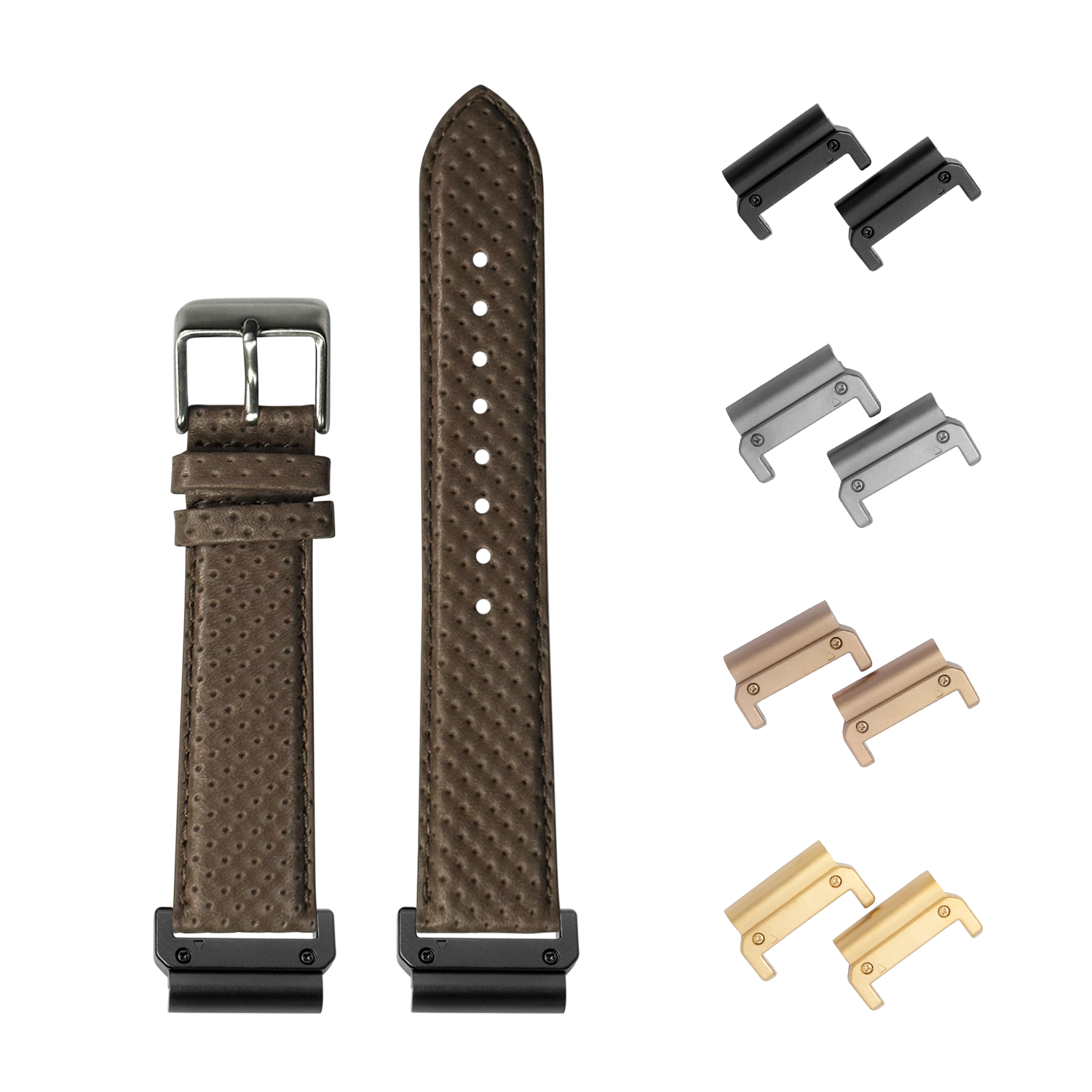 Perforated racing leather watch straps 22mm with interchangeable metal lugs in black, silver, bronze and gold finishes