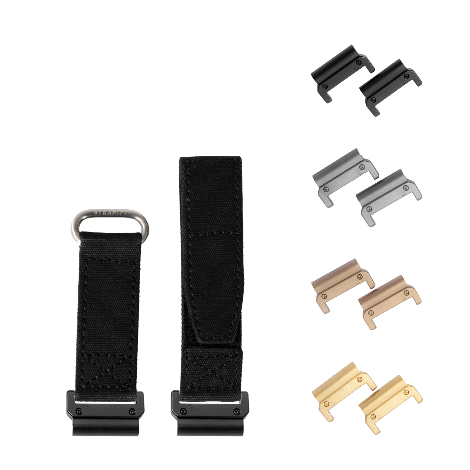 QuickFit military velcro watch straps 22mm in black with interchangeable metal hardware lugs in multiple finishes