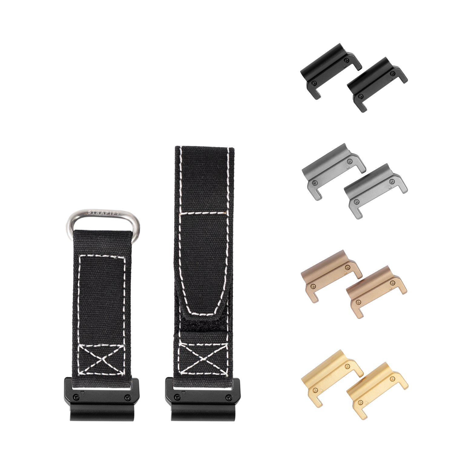 Military-style black fabric watch straps with white stitching and interchangeable metal keeper rings in multiple finishes
