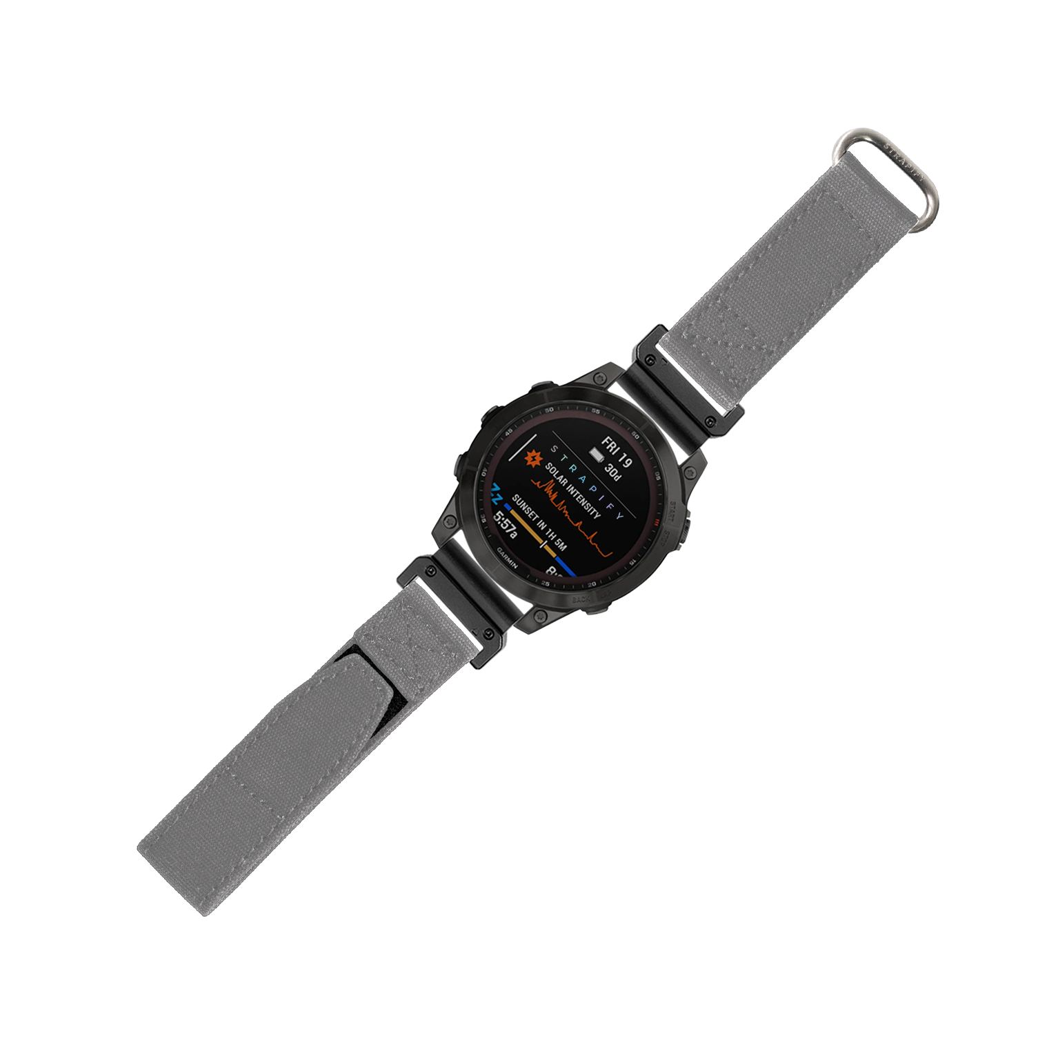 Military smartwatch with grey velcro quickfit 22mm band, black rugged case and digital display showing tactical metrics