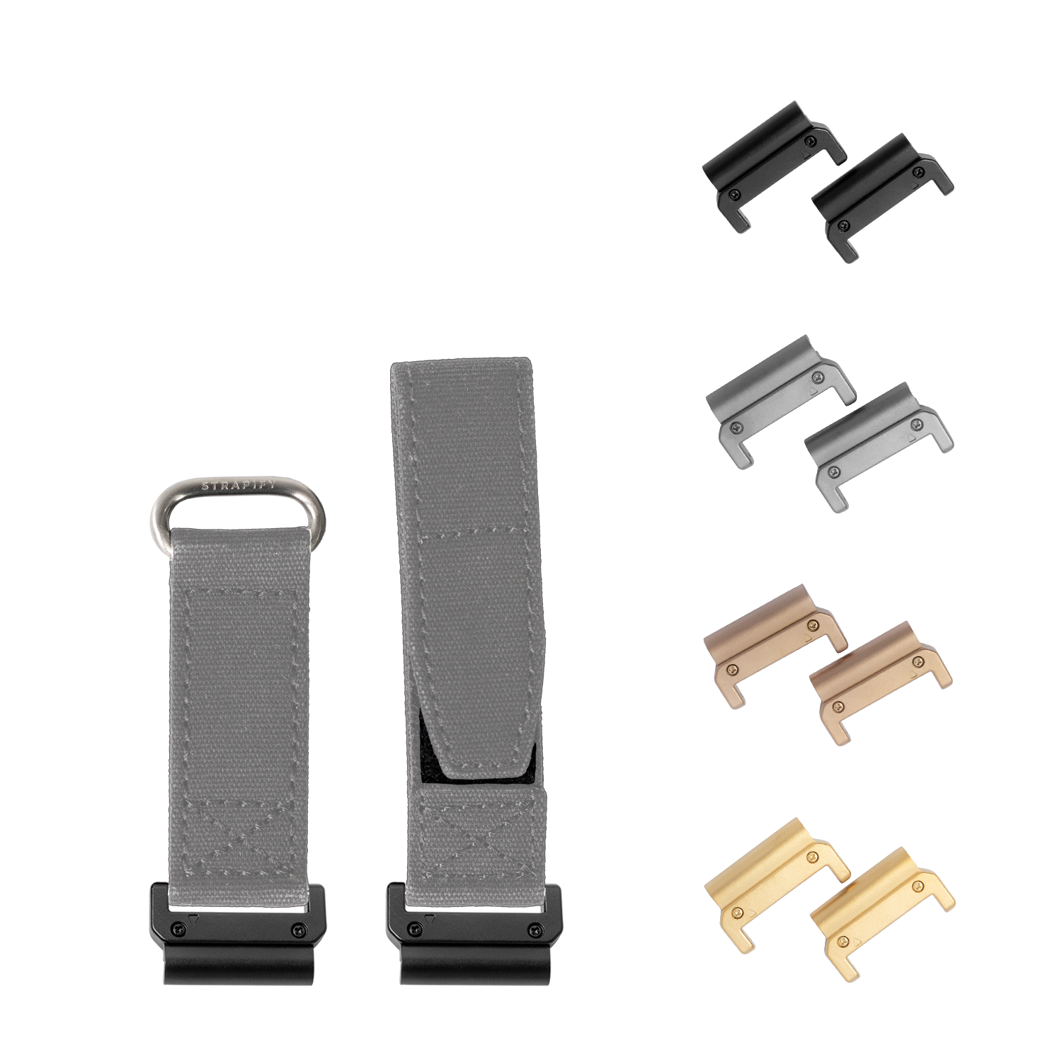 Military velcro mounting system with grey 22mm straps, quick-fit hardware and interchangeable metal brackets in black, tan and brass finishes