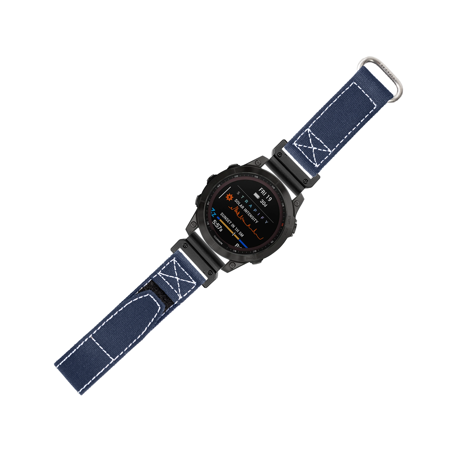 Military tactical smartwatch with black digital display and navy blue velcro strap with white stitching, quickfit 22mm band