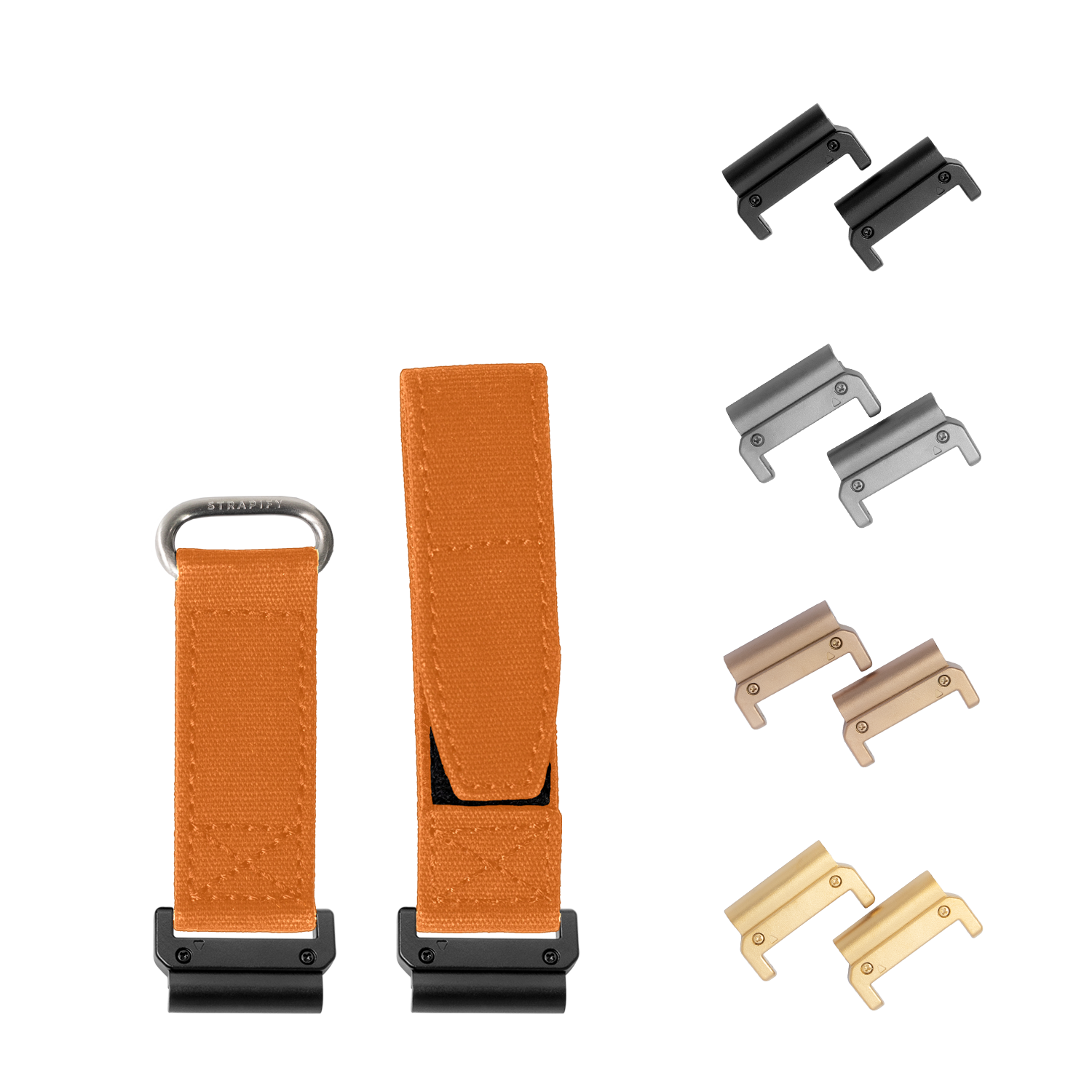 QuickFit 22mm military velcro strap in orange with interchangeable metal hardware in black, silver, bronze, and gold finishes
