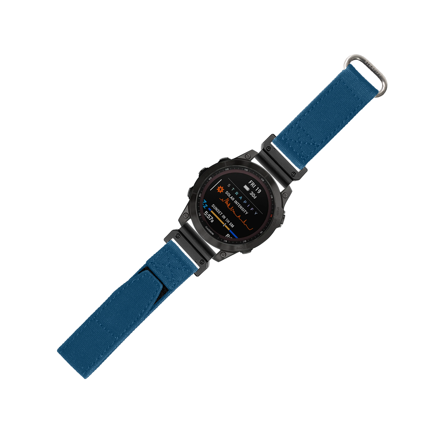 Military smartwatch with black digital display and petrol blue fabric velcro strap with quickfit attachment