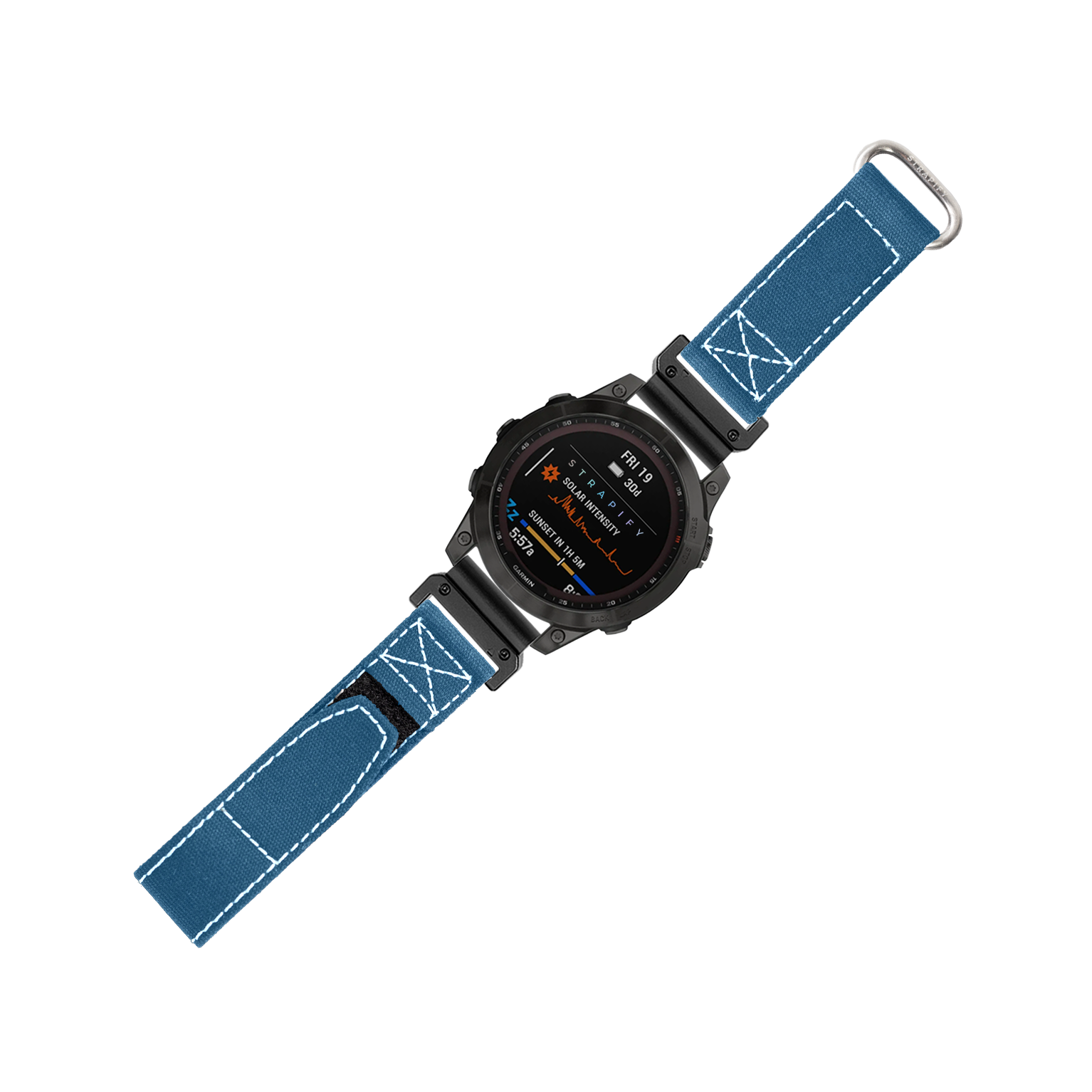Military smartwatch with black case and petrol blue velcro strap featuring white stitching and quick-fit connector
