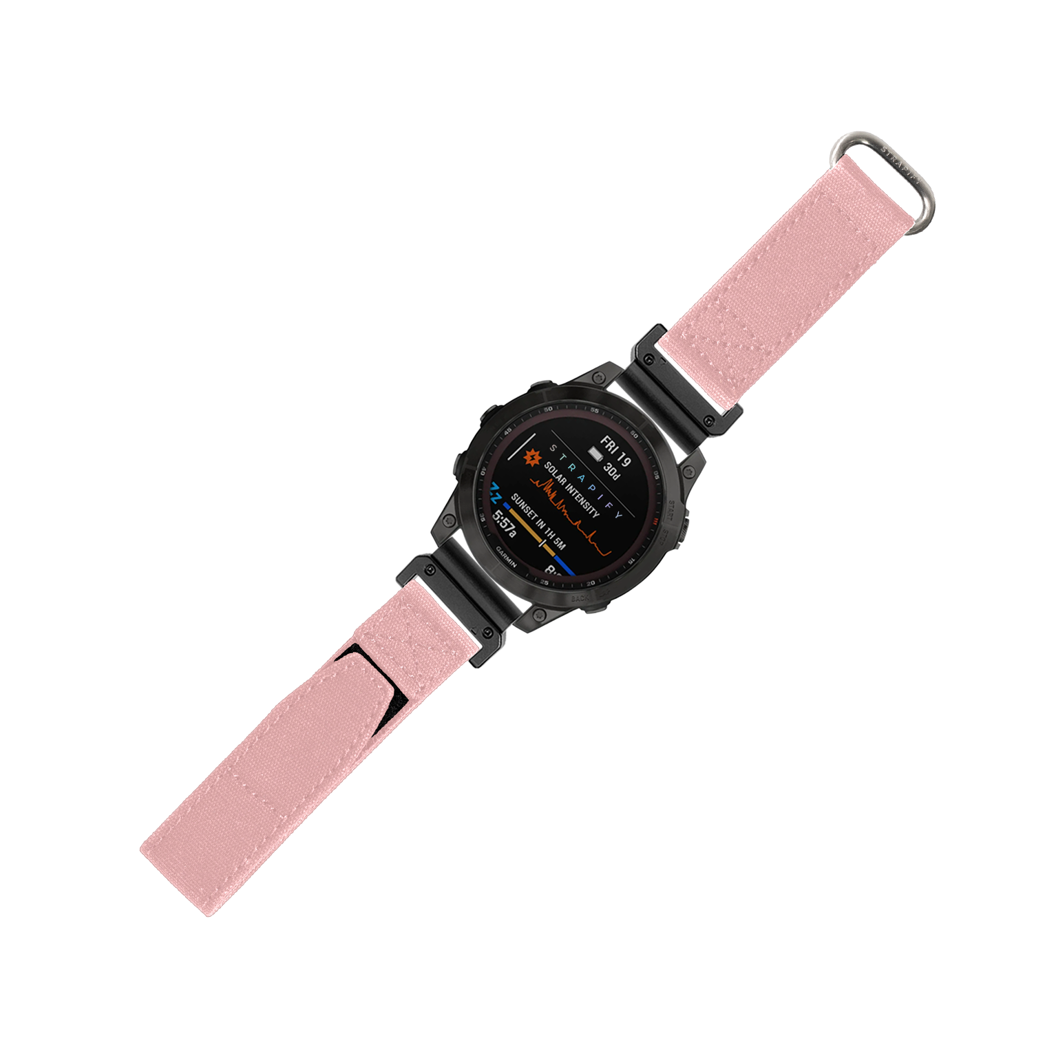 Black digital sports watch with pink fabric velcro strap and metal loop attachment, featuring AMOLED display and tactical design