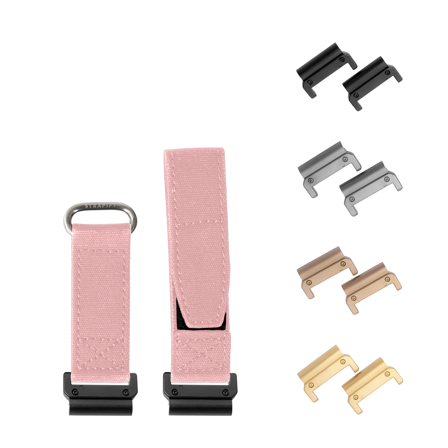 QuickFit military velcro watch bands in pink 22mm with interchangeable metal hardware in black, silver, tan and gold finishes