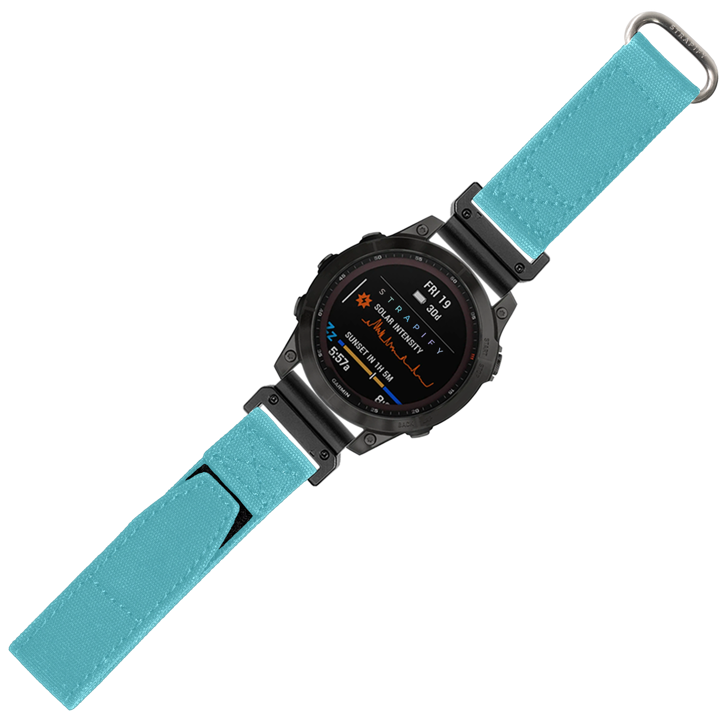Military smartwatch with turquoise Velcro strap, black case, AMOLED display showing health metrics and time