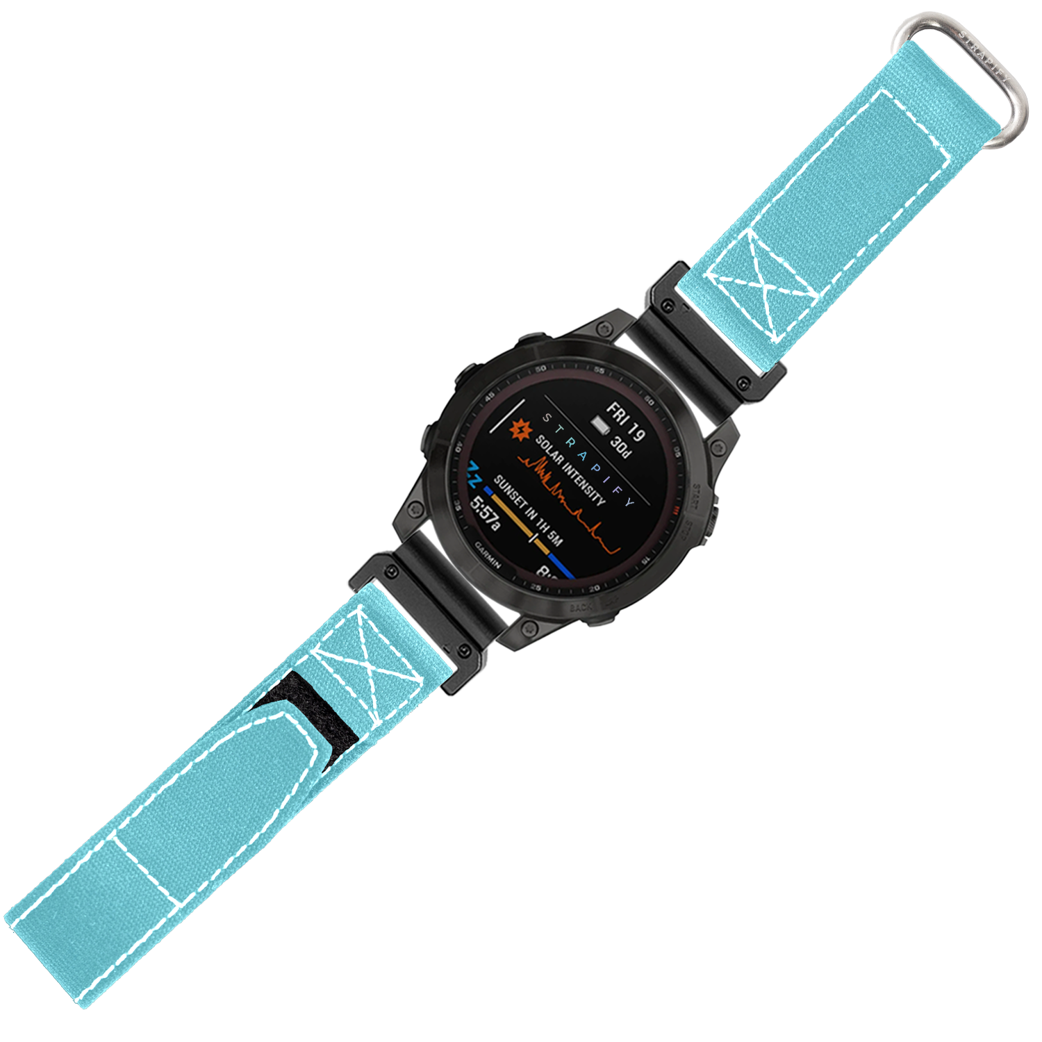 Black digital sports watch with sky blue military velcro strap featuring white stitching and metal hardware, displaying fitness metrics on AMOLED screen