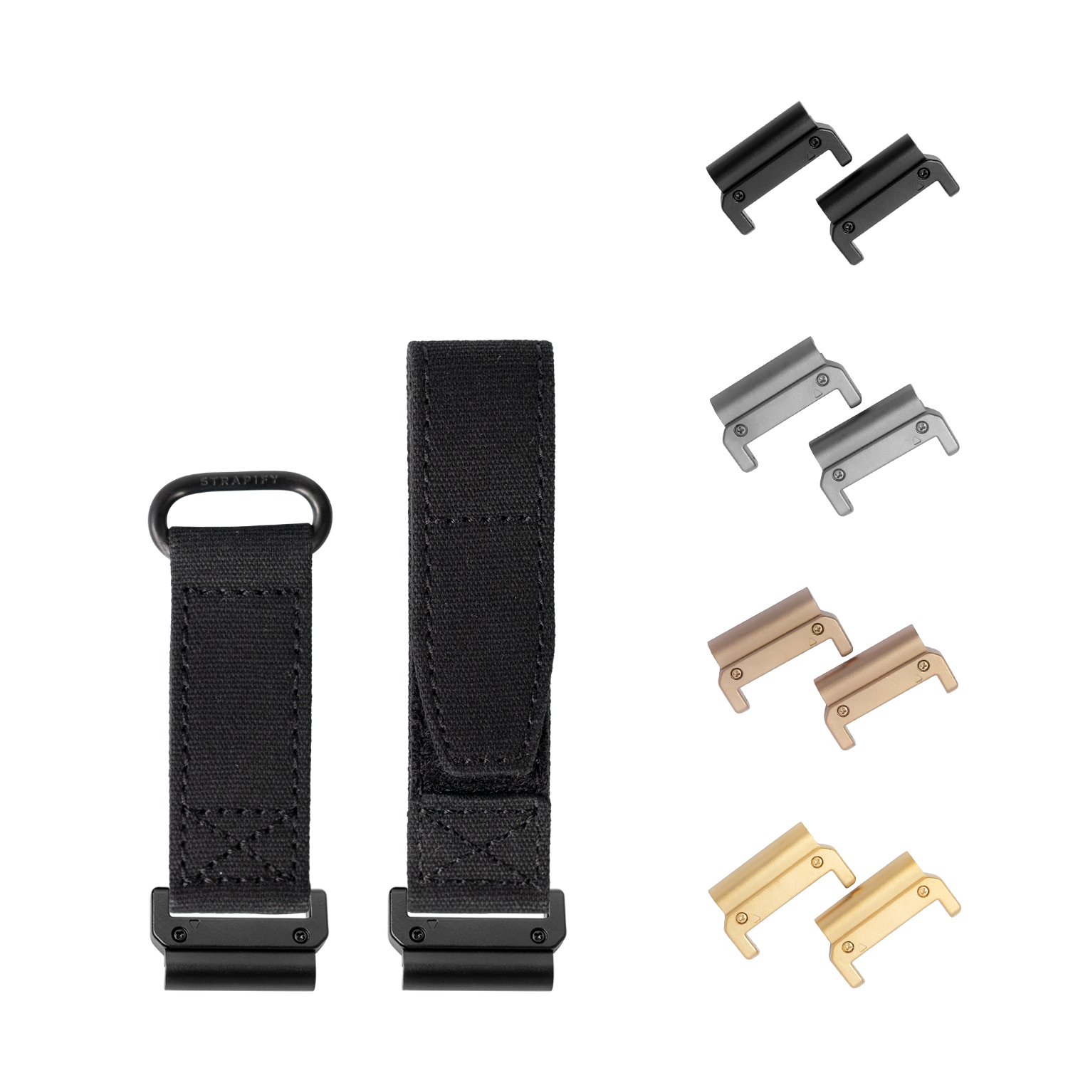 Military tactical velcro watch band straps in black, tan, bronze and gold with interchangeable metal hardware connectors
